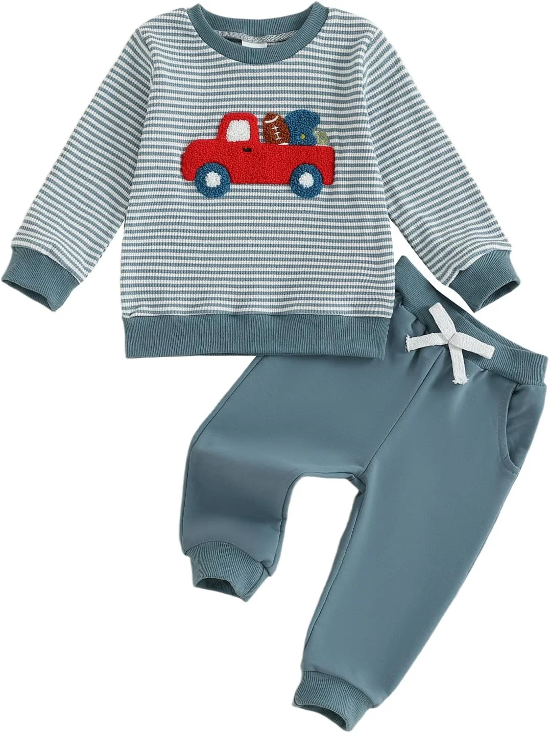 لباس پسرانه بچه گانه طرح فوتبال، ست لباس پاییزه و زمستانه شامل بلوز آستین بلند طرح کامیون و شلوار