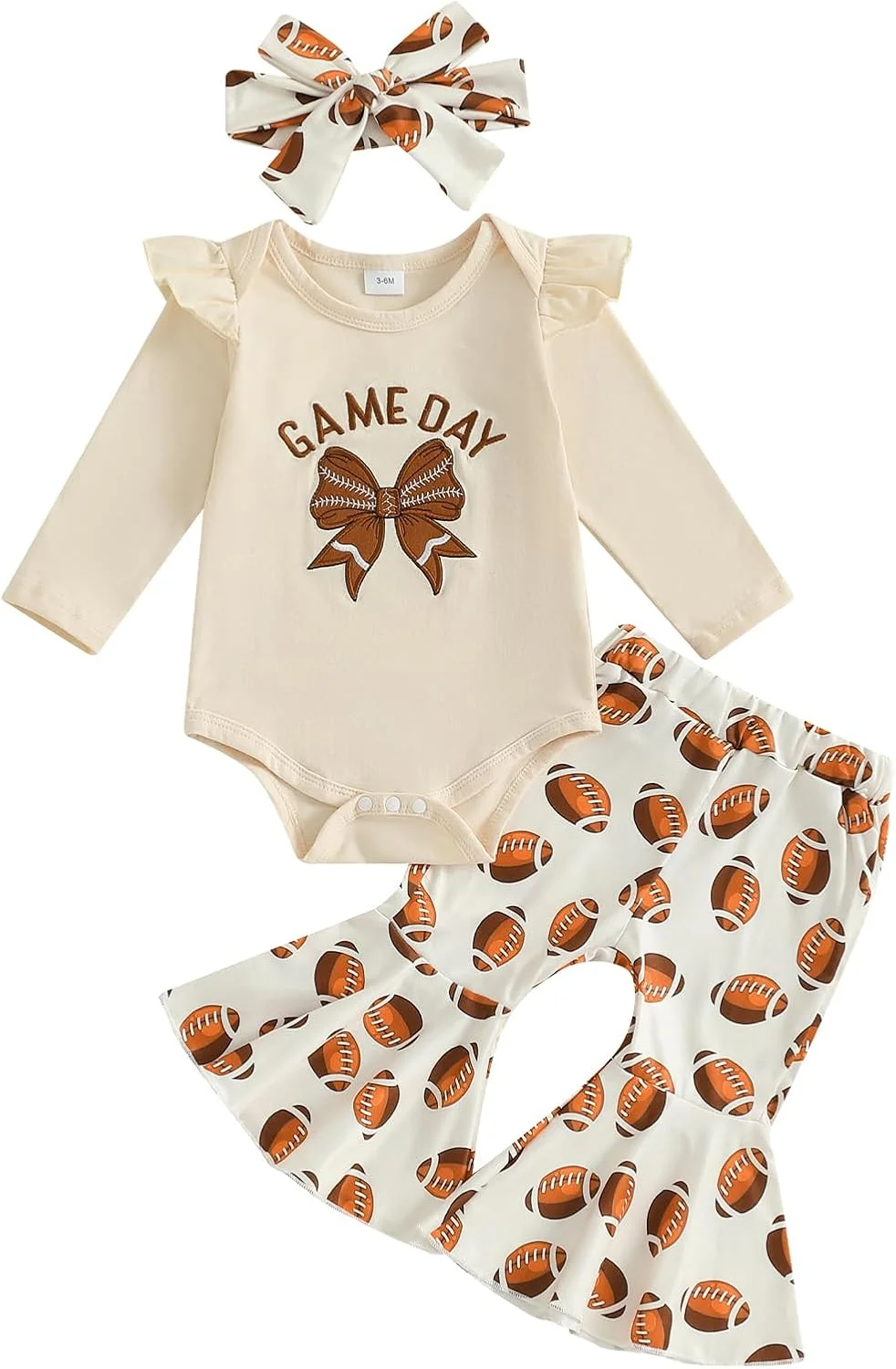 ست لباس پاییزی 3 تکه دخترانه شامل رامپر، شلوار دمپا گشاد و هدبند با طرح راگبی