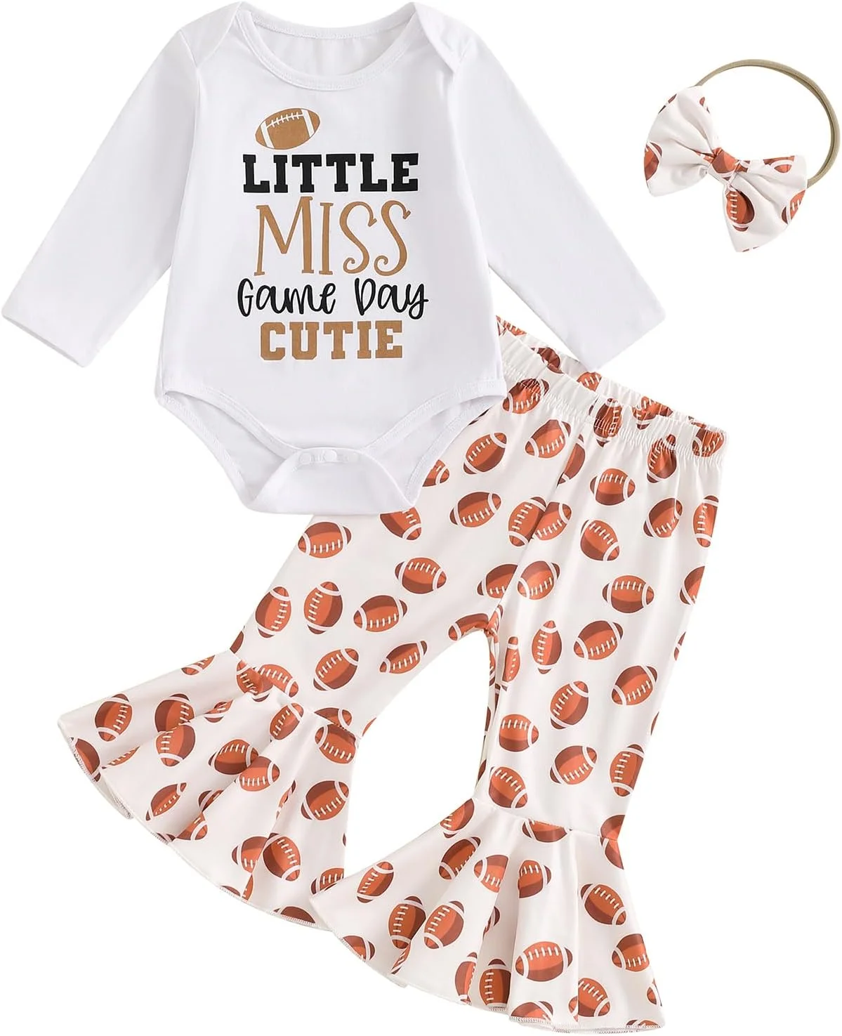 ست لباس نوزاد دخترانه، رامپر طرح راگبی آستین بلند به همراه شلوار دمپا گشاد و هدبند