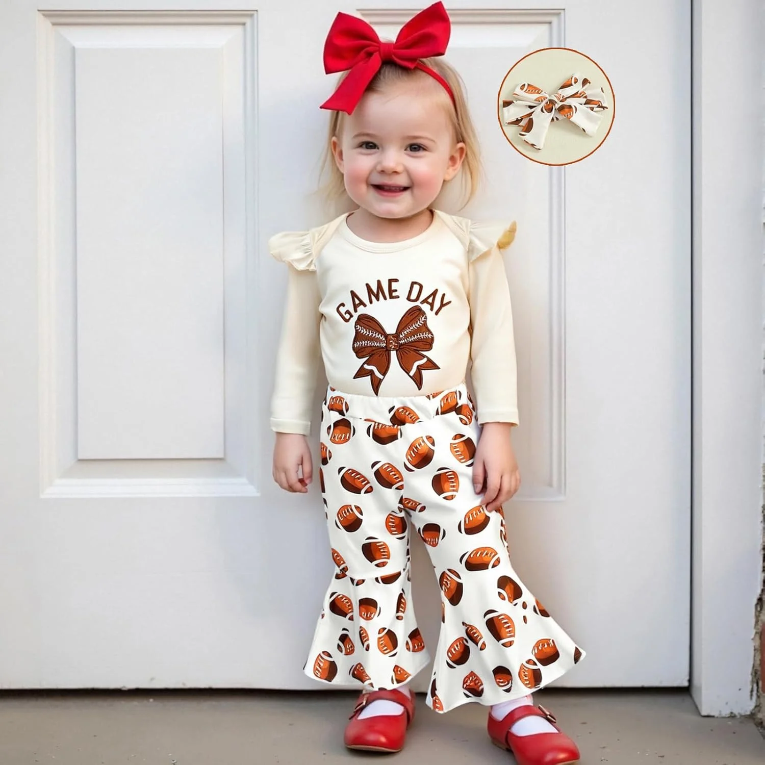 ست لباس پاییزی 3 تکه دخترانه شامل رامپر، شلوار دمپا گشاد و هدبند با طرح راگبی