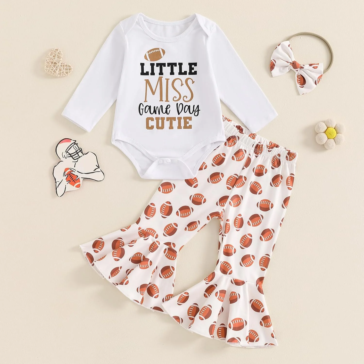 ست لباس نوزاد دخترانه، رامپر طرح راگبی آستین بلند به همراه شلوار دمپا گشاد و هدبند