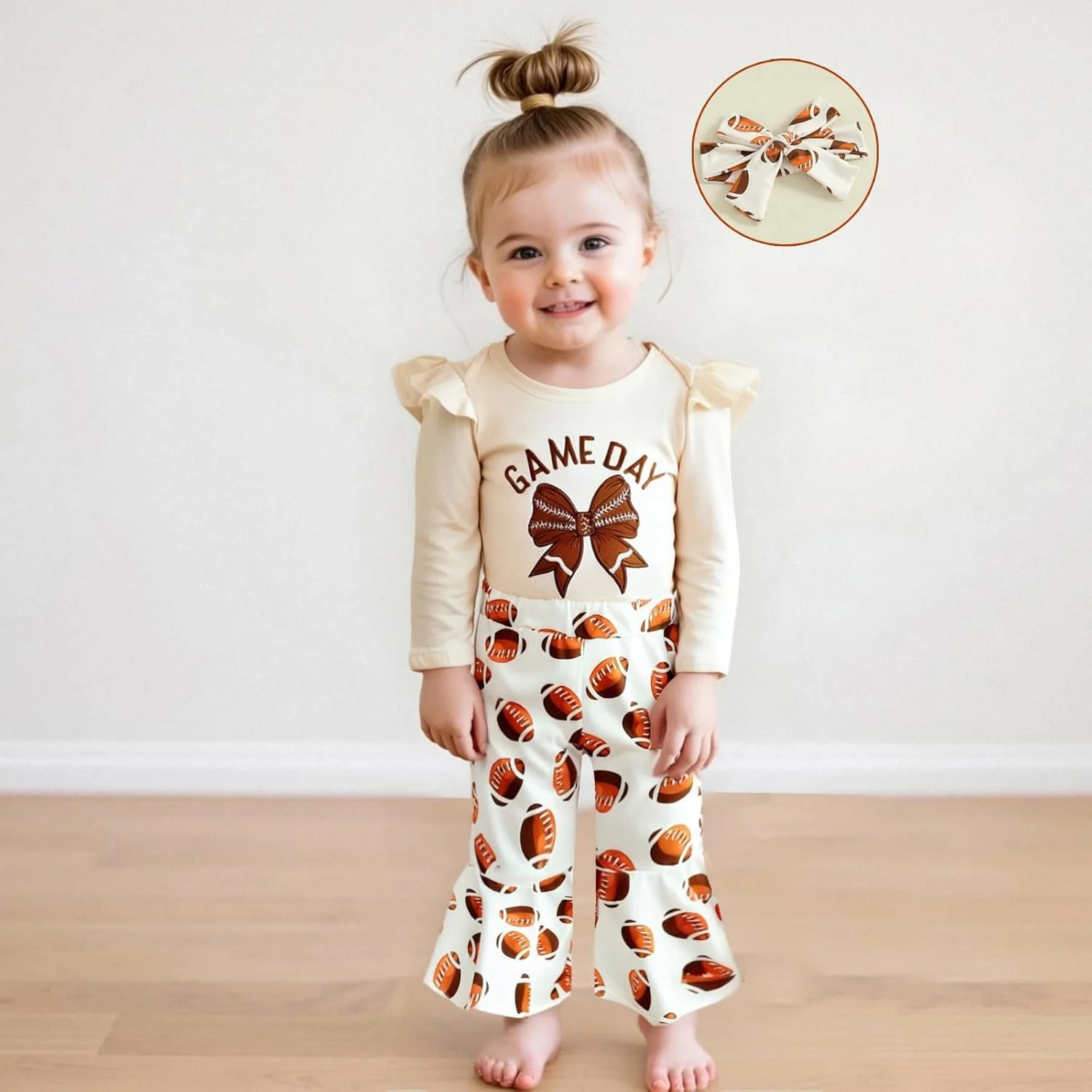 ست لباس پاییزی 3 تکه دخترانه شامل رامپر، شلوار دمپا گشاد و هدبند با طرح راگبی