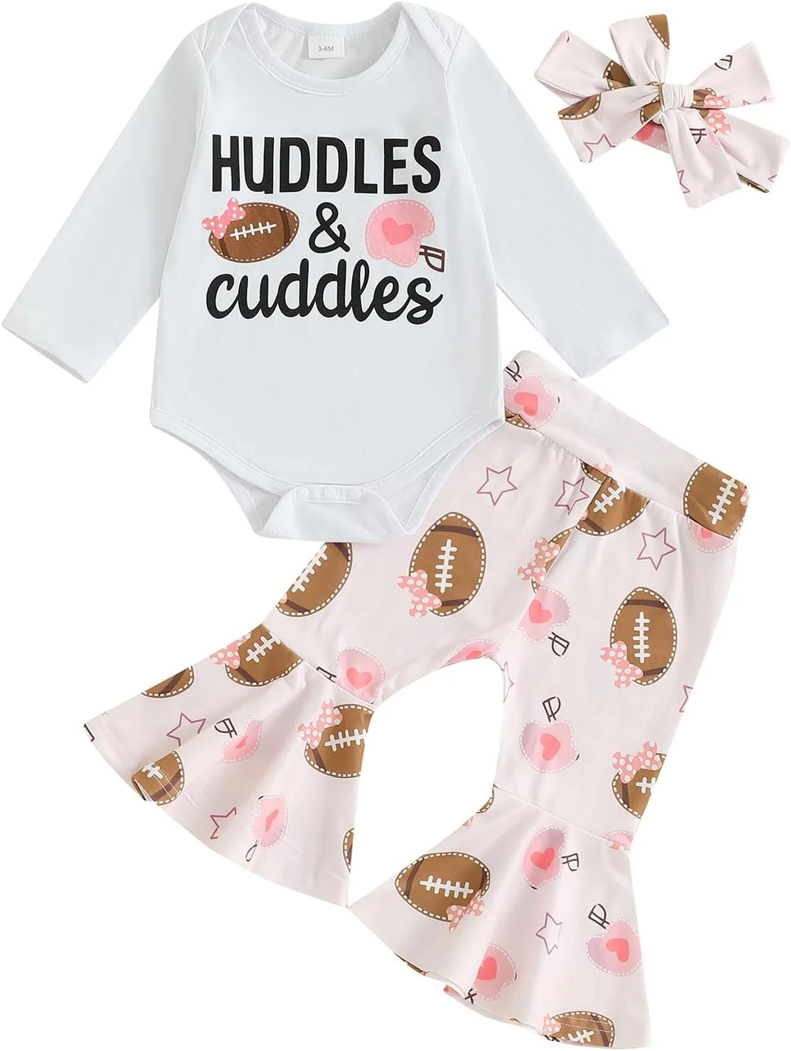 ست لباس نوزادی دخترانه با طرح راگبی، شامل سرهمی آستین بلند، شلوار دمپا گشاد و هدبند، مناسب فصل پاییز (3 تکه)