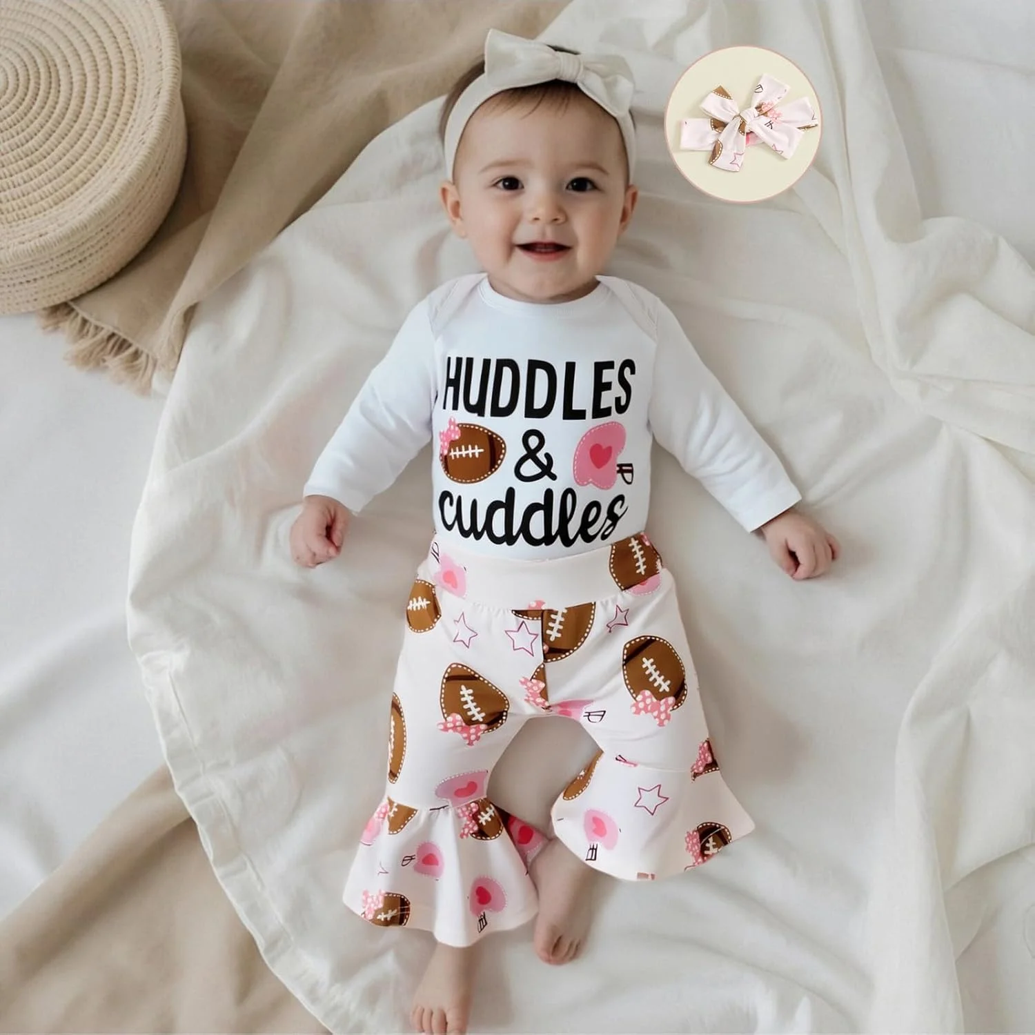 ست لباس نوزادی دخترانه با طرح راگبی، شامل سرهمی آستین بلند، شلوار دمپا گشاد و هدبند، مناسب فصل پاییز (3 تکه)