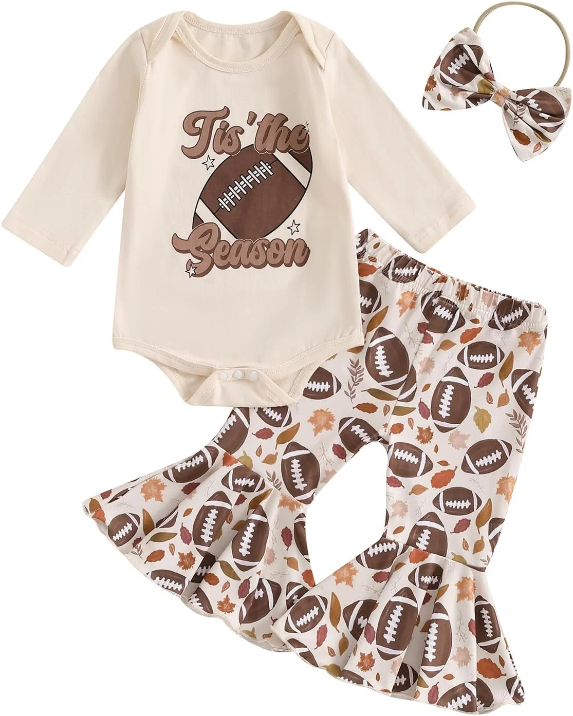لباس نوزادی دخترانه با طرح راگبی، سرهمی آستین بلند با طرح حروف بیسبال، شلوار دمپا گشاد و هدبند مناسب فصل پاییز