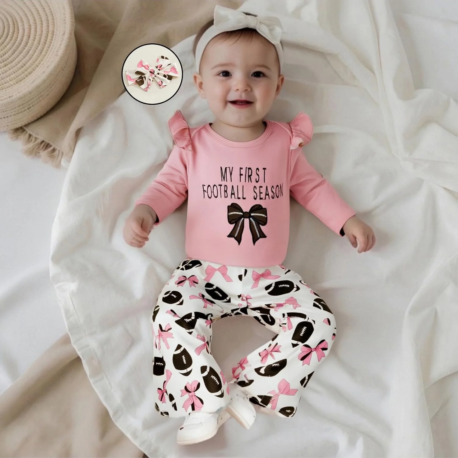 لباس فصل اول فوتبال دخترانه من KMBANGI، رامپر گلدوزی شده با آستین های چین دار و شلوار دمپا گشاد