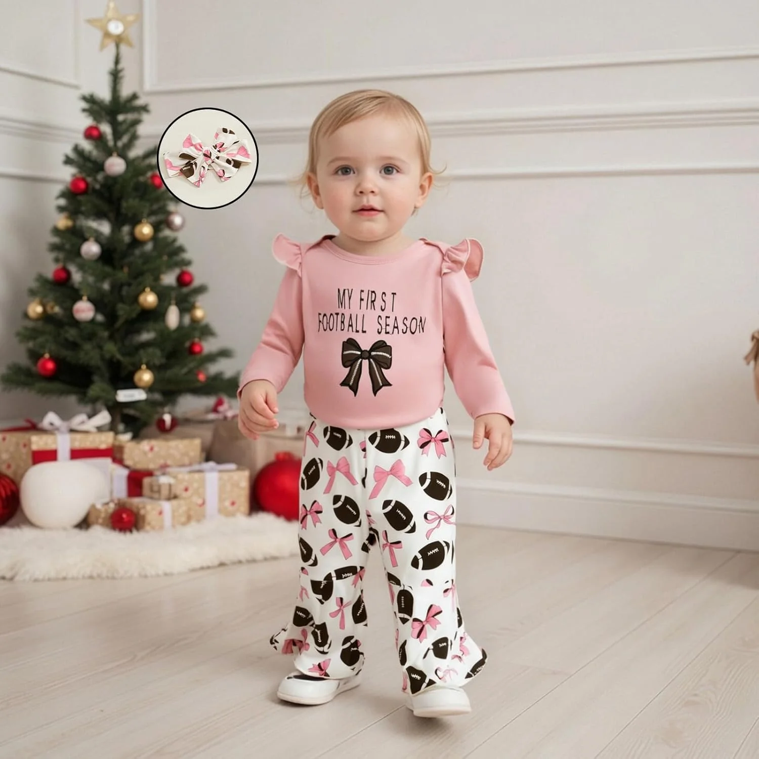 لباس فصل اول فوتبال دخترانه من KMBANGI، رامپر گلدوزی شده با آستین های چین دار و شلوار دمپا گشاد