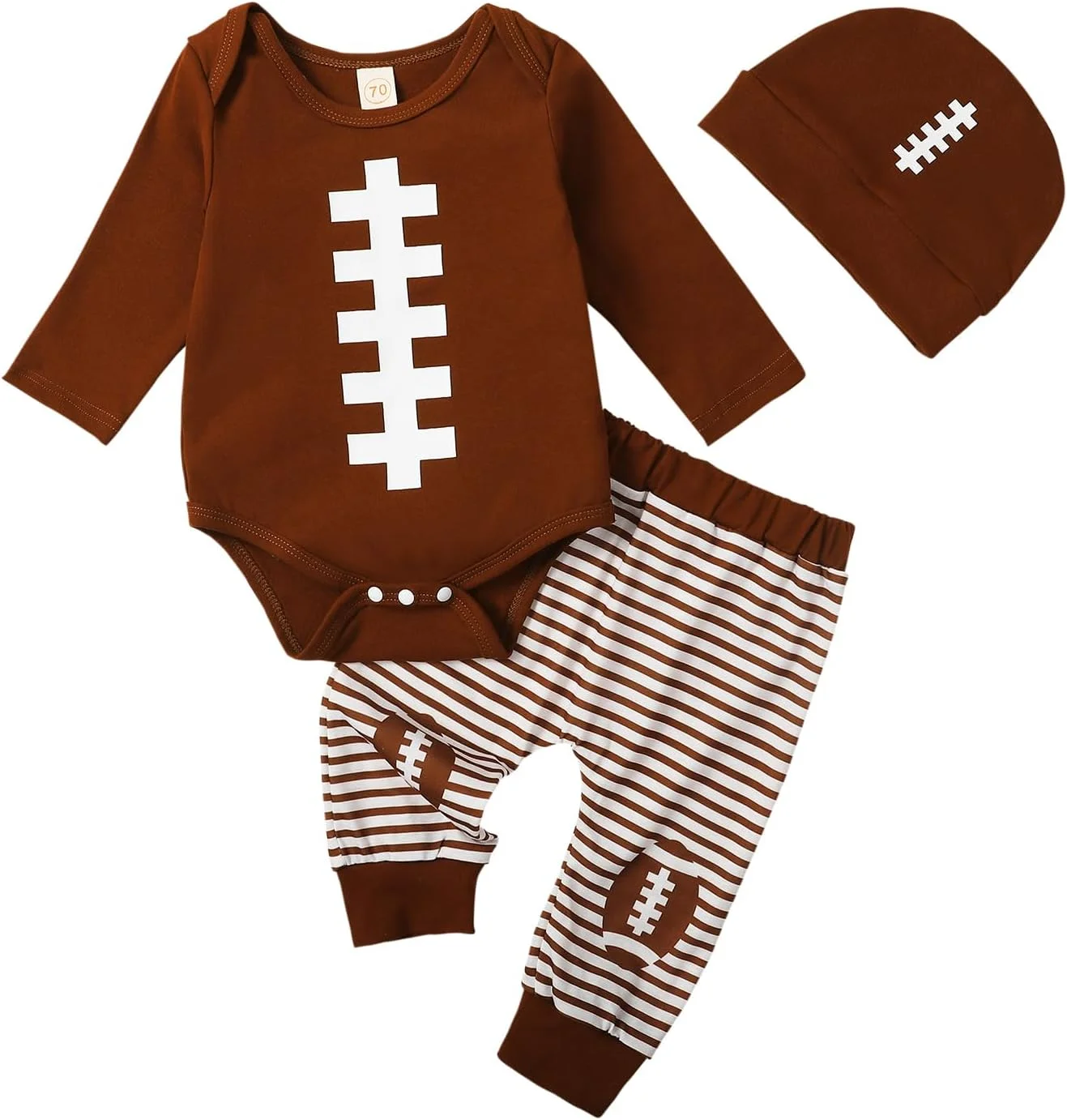 ست لباس پسرانه نوزادی طرح فوتبال، شامل سرهمی آستین بلند، شلوار راه راه و کلاه