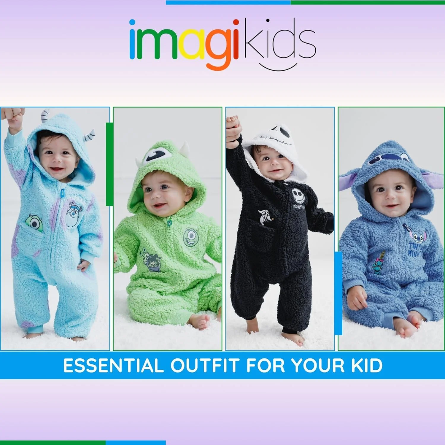 لباس سرهمی زیپ دار دیزنی نوزادی با طرح های وینی پو، میکی موس، لیلو و استیچ، جک اسکلینگتون و شرکت هیولاها