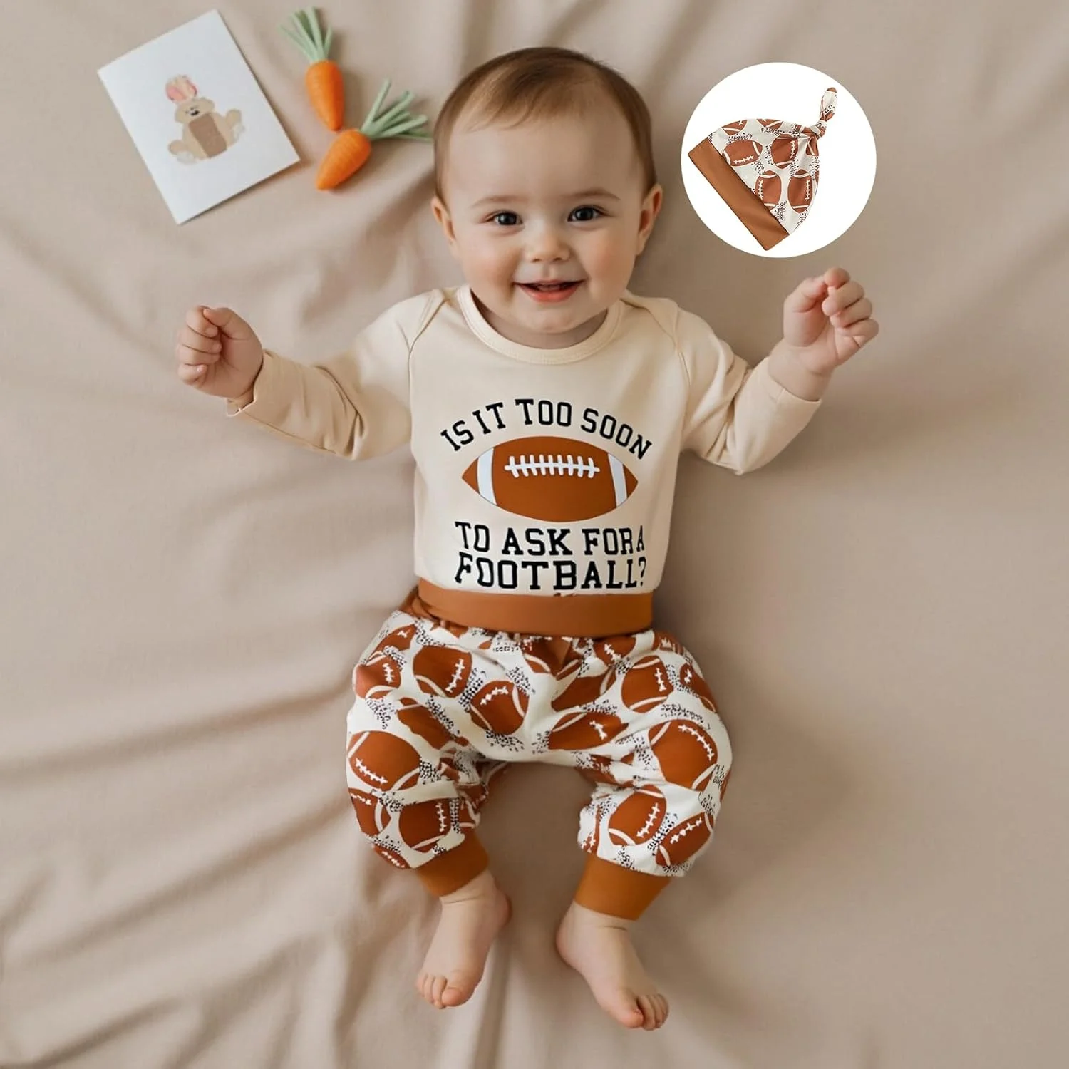 ست لباس نوزادی پسرانه، شامل رامپر، شلوار بلند و کلاه، مناسب فصل پاییز و زمستان