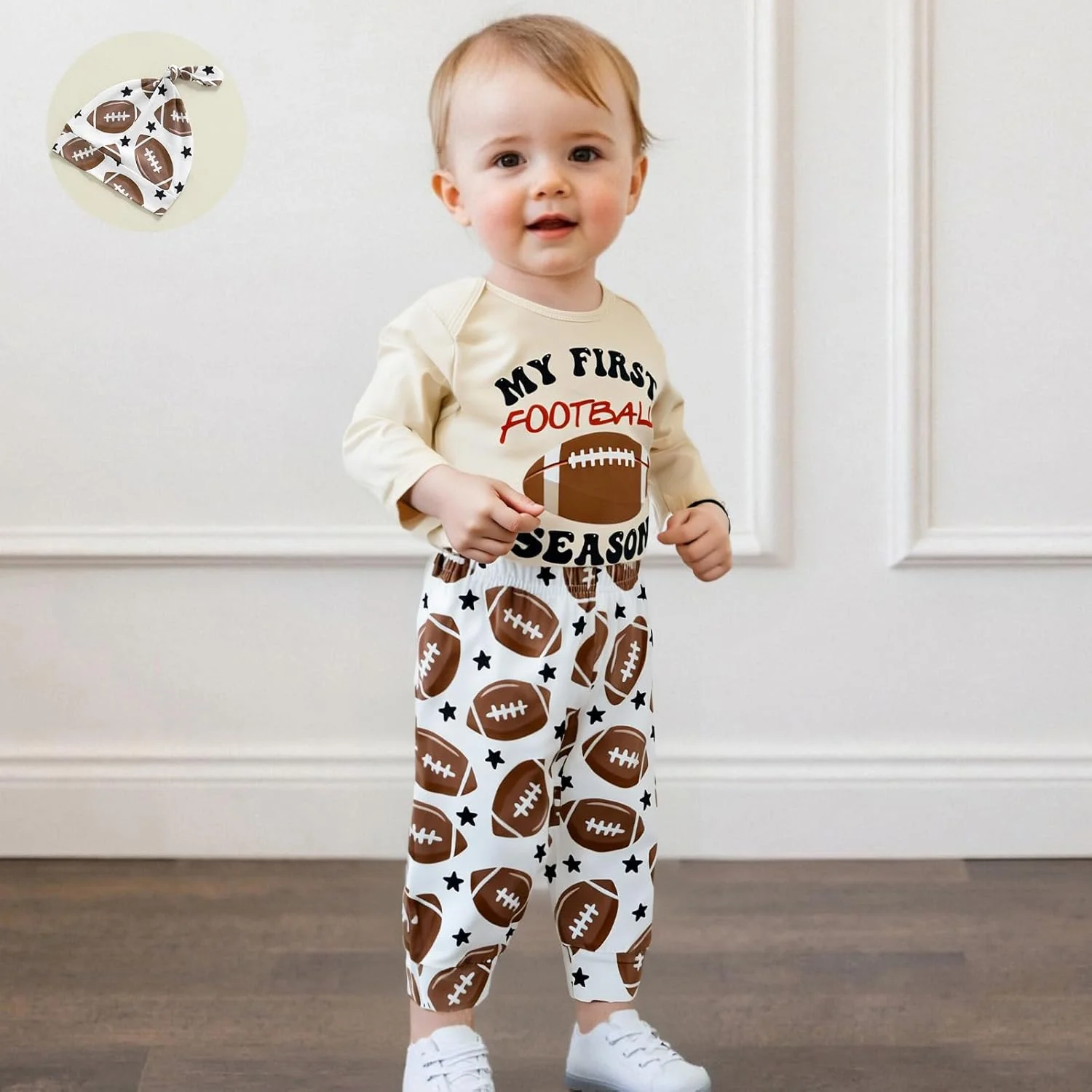 ست لباس نوزادی پسرانه و دخترانه با طرح راگبی، شامل رامپر آستین بلند، شلوار و کلاه مناسب فصل پاییز