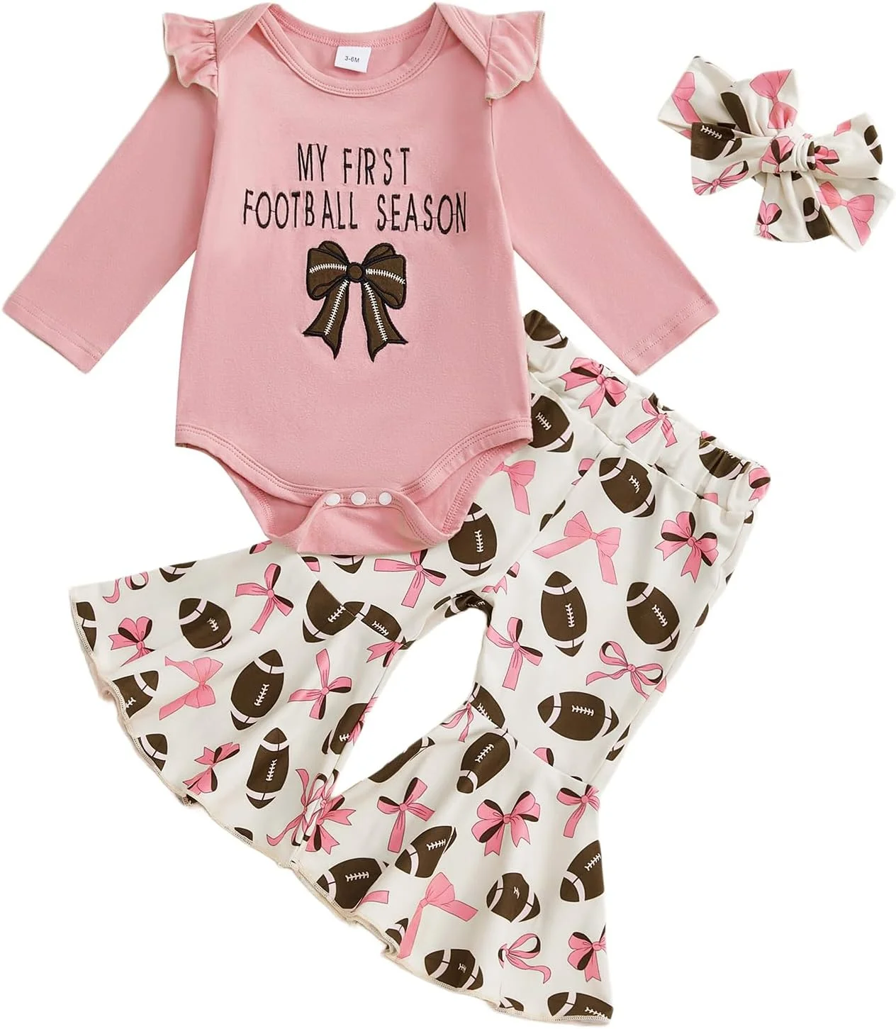 ست لباس نوزادی دخترانه با طرح توپ، گلدوزی پاپیون، آستین بلند و شلوار دمپا گشاد مناسب فصل پاییز