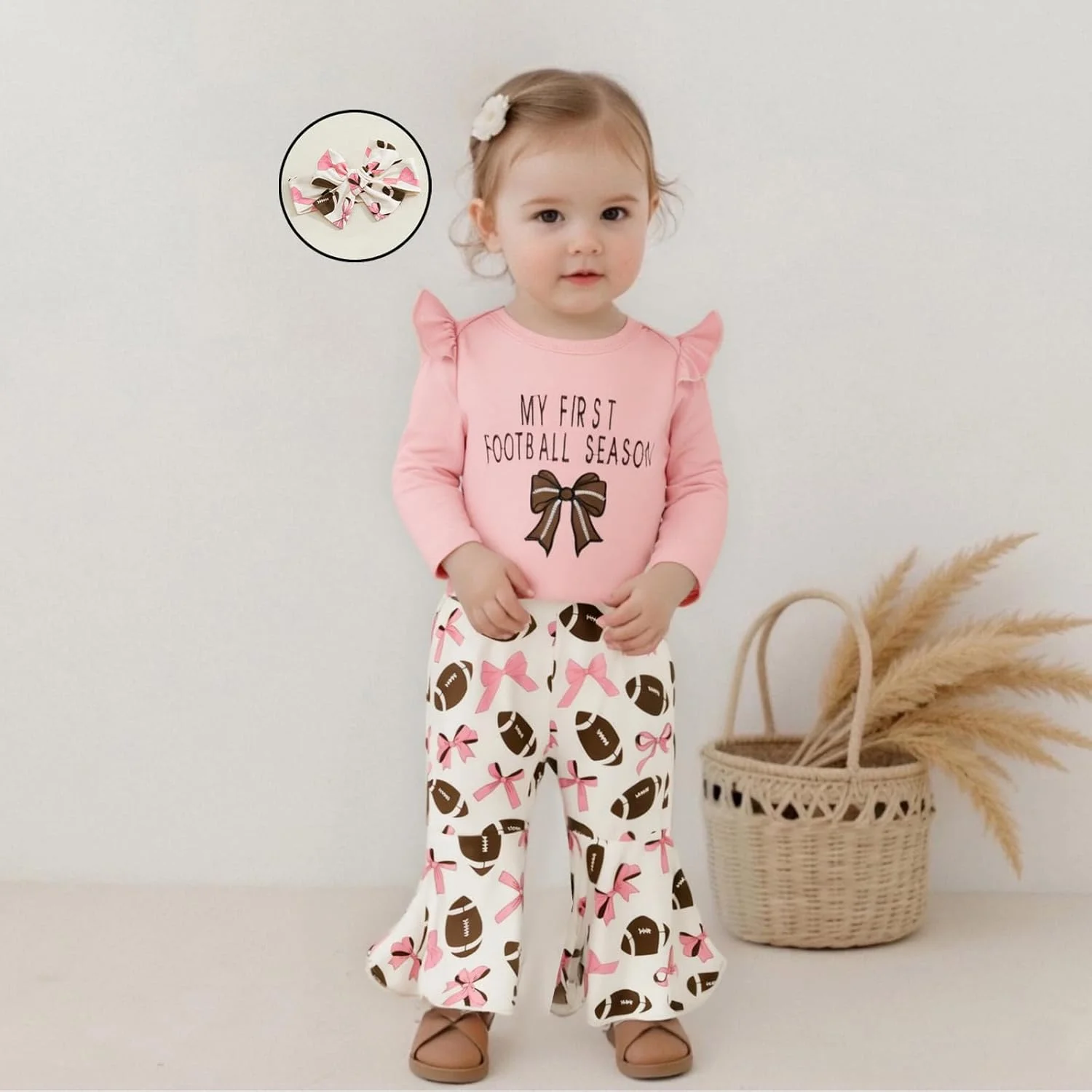 ست لباس نوزادی دخترانه با طرح توپ، گلدوزی پاپیون، آستین بلند و شلوار دمپا گشاد مناسب فصل پاییز