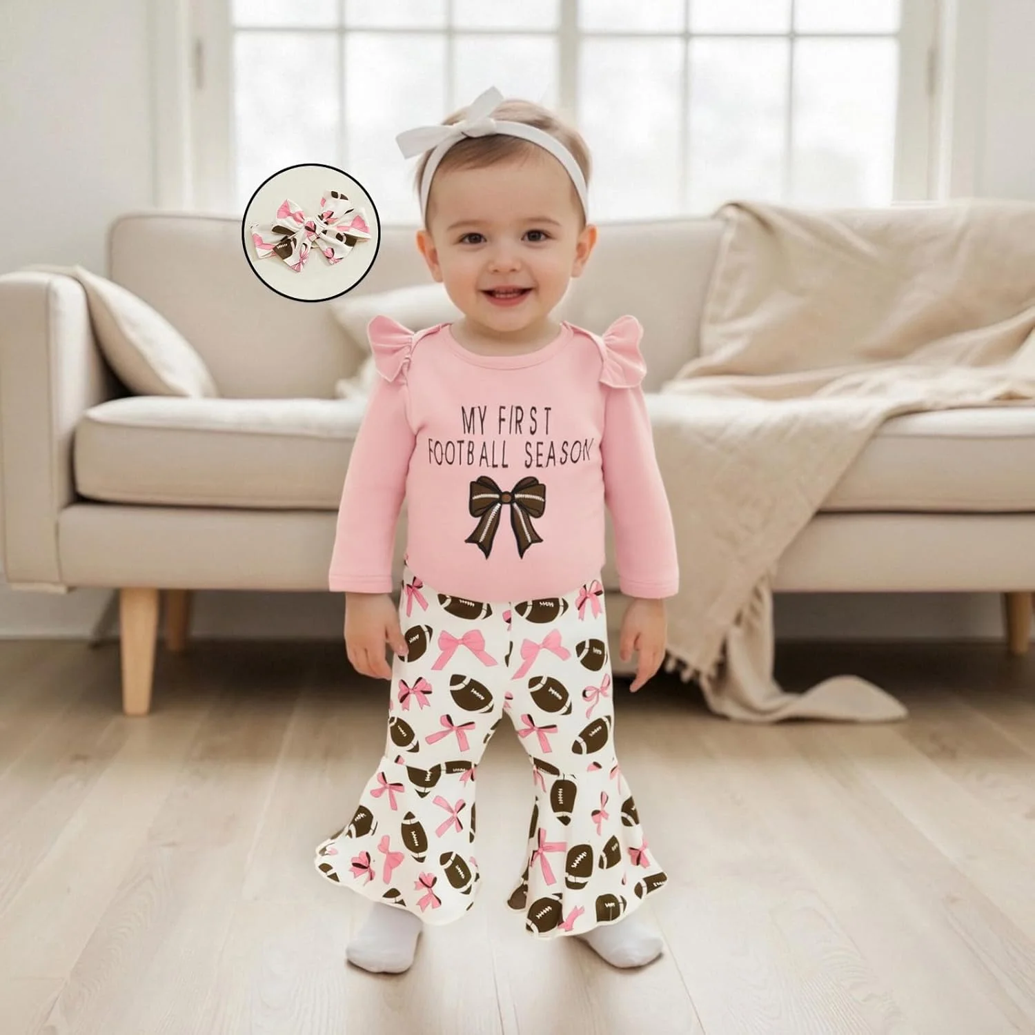 ست لباس نوزادی دخترانه با طرح توپ، گلدوزی پاپیون، آستین بلند و شلوار دمپا گشاد مناسب فصل پاییز