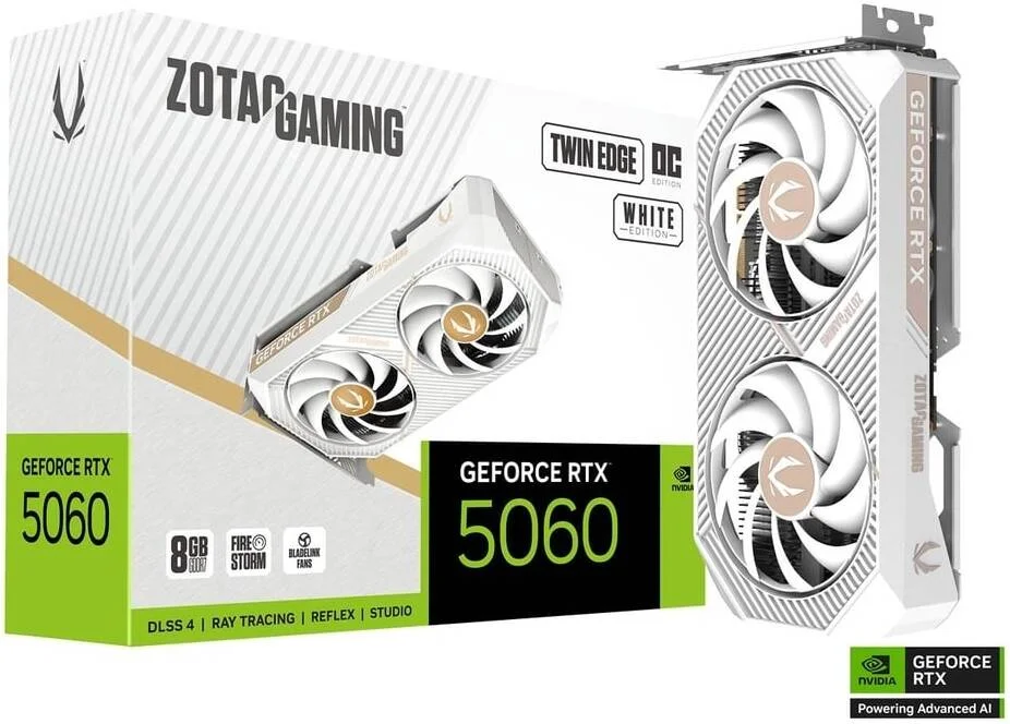 کارت گرافیک ZOTAC GAMING GeForce RTX 5060 Twin Edge OC 8GB White Edition، حافظه GDDR7 128 بیتی، فرکانس هسته 2497 مگاهرتز، فرکانس حافظه 28 گیگابیت بر ثانیه، 3840 هسته CUDA، PCI Express 5.0 x8 | ZT-B50600Q-10M