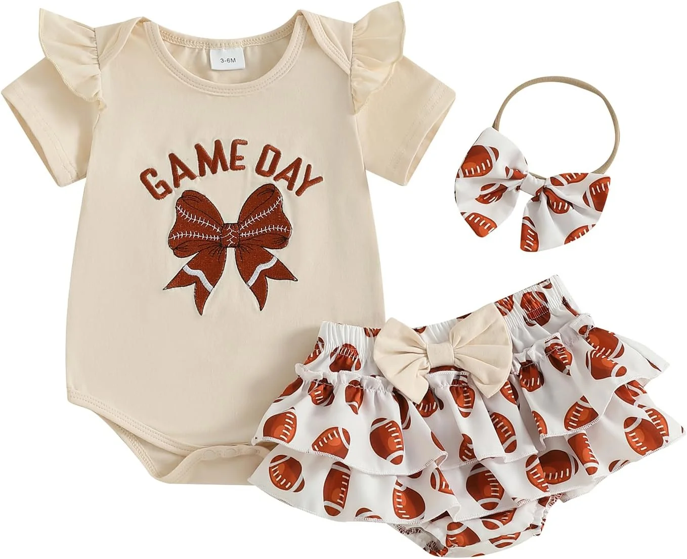 لباس نوزادی دخترانه، رامپر طرح راگبی با دامن توری و هدبند، ست 3 تکه لباس تابستانی زیبا