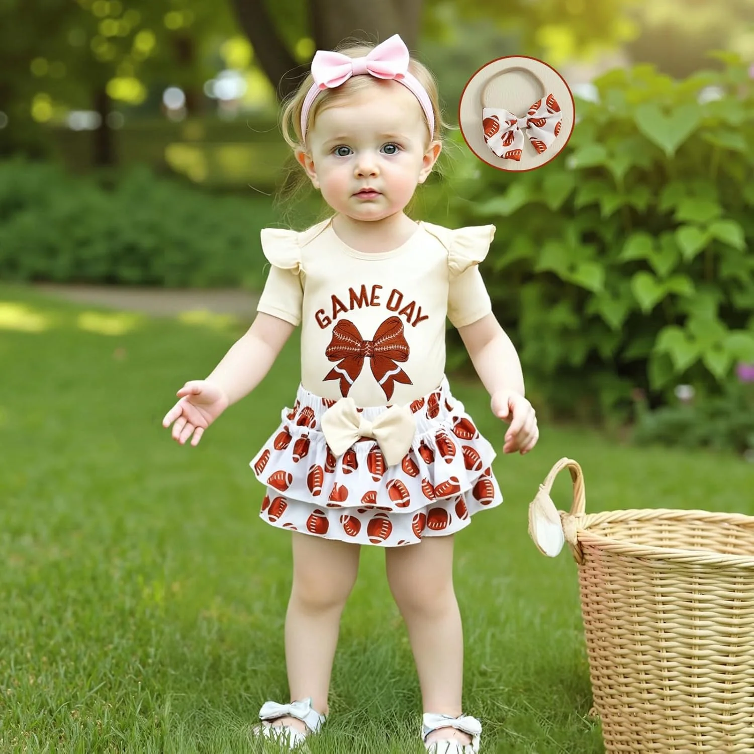 لباس نوزادی دخترانه، رامپر طرح راگبی با دامن توری و هدبند، ست 3 تکه لباس تابستانی زیبا