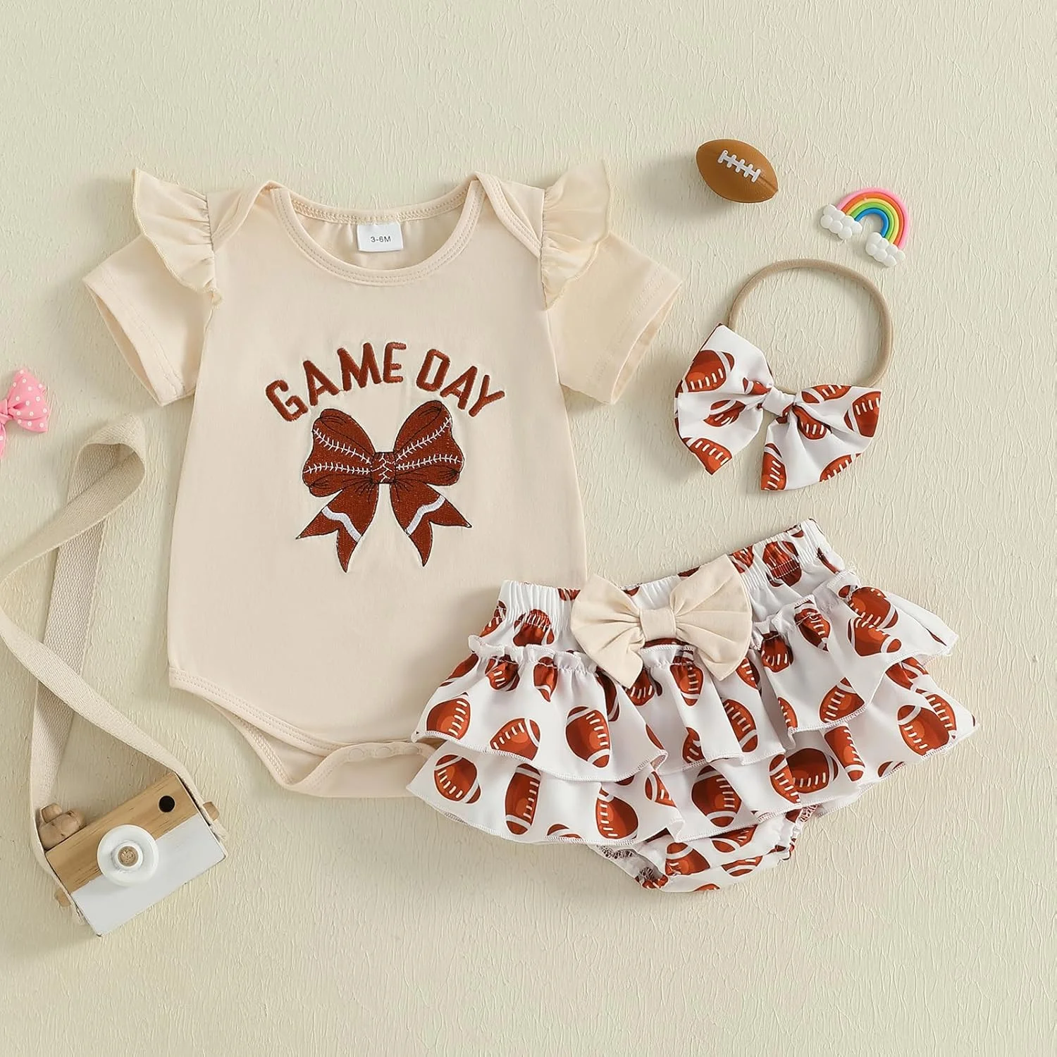 لباس نوزادی دخترانه، رامپر طرح راگبی با دامن توری و هدبند، ست 3 تکه لباس تابستانی زیبا