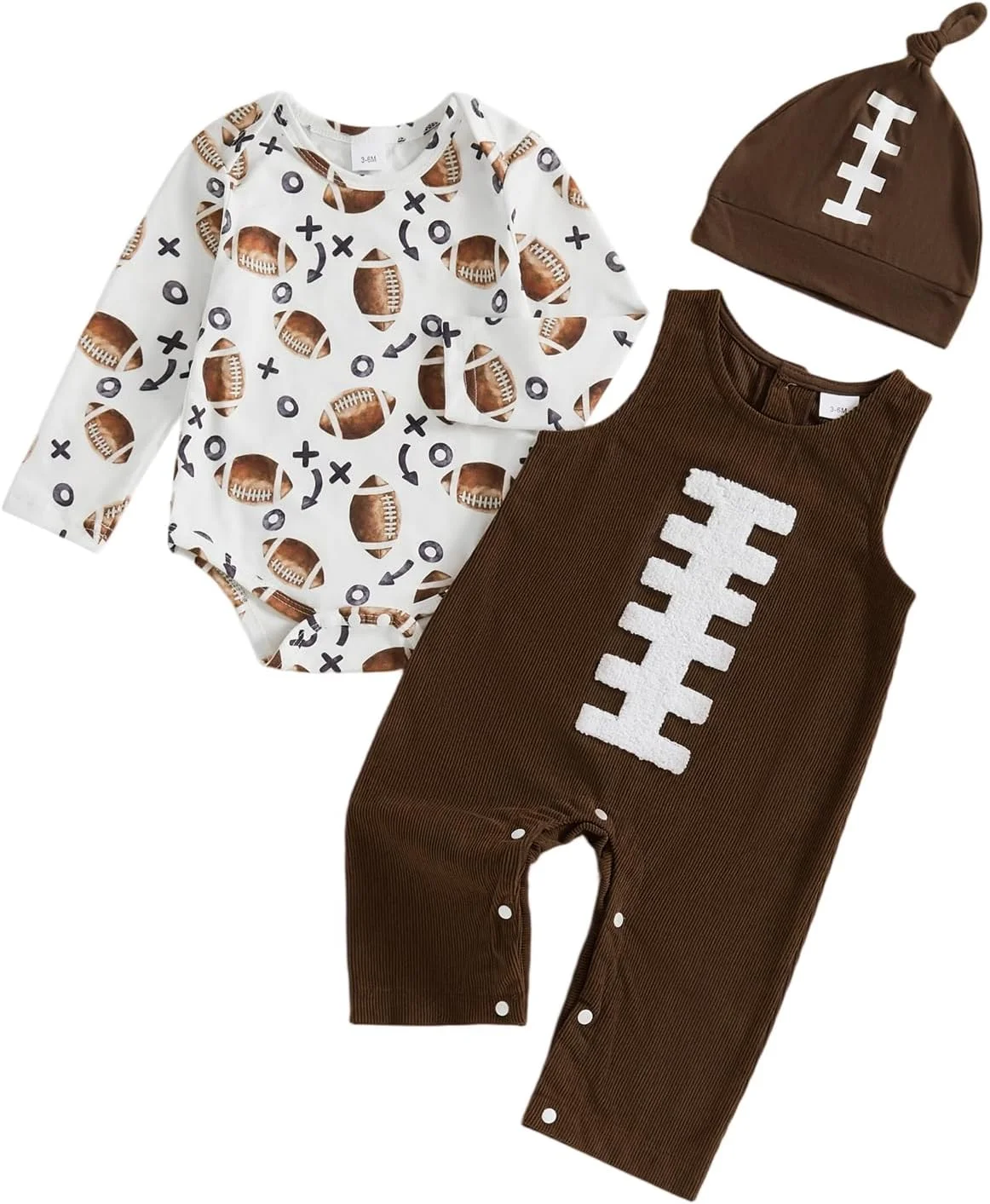 ست 3 تکه لباس نوزادی پسرانه شامل رامپر آستین بلند، گلدوزی طرح توپ، سرهمی کبریتی، شلوار و کلاه