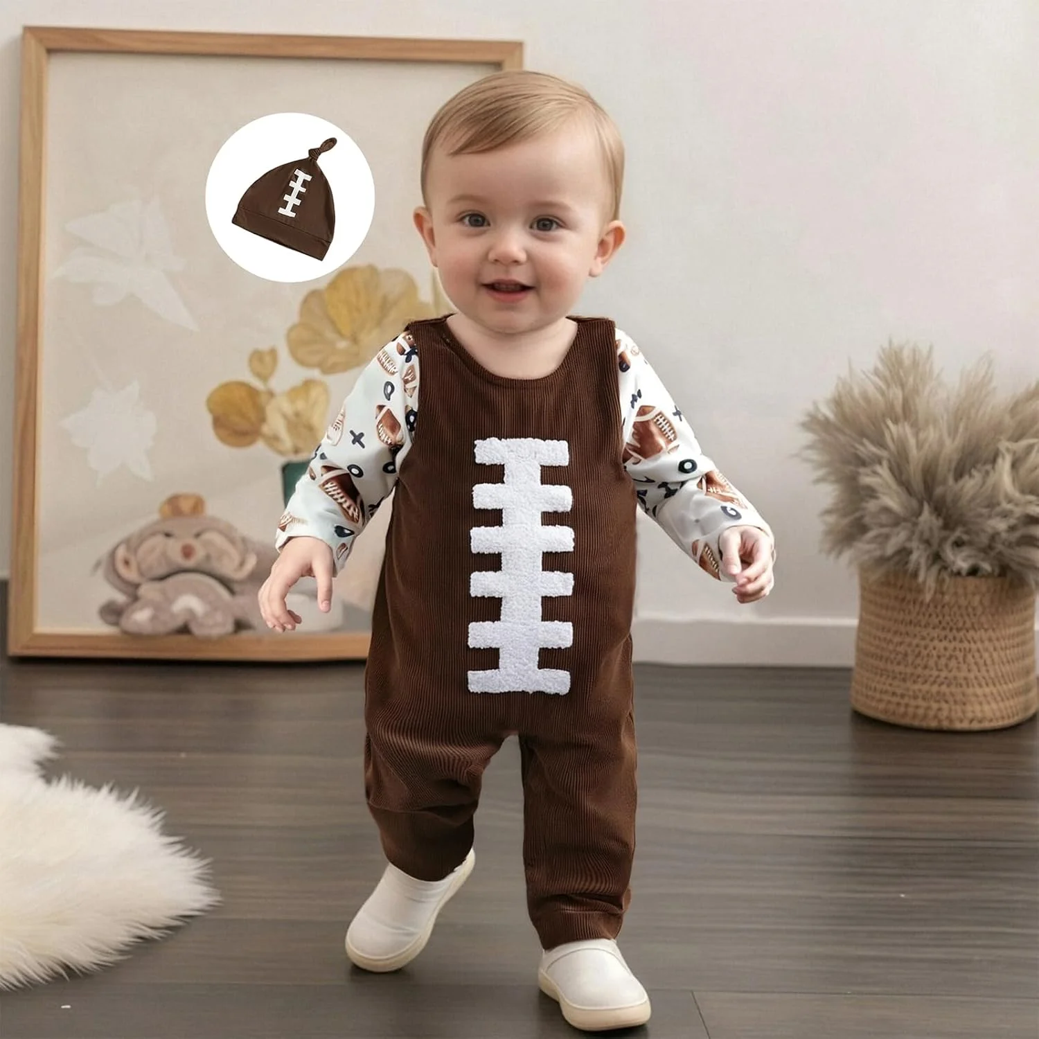 ست 3 تکه لباس نوزادی پسرانه شامل رامپر آستین بلند، گلدوزی طرح توپ، سرهمی کبریتی، شلوار و کلاه