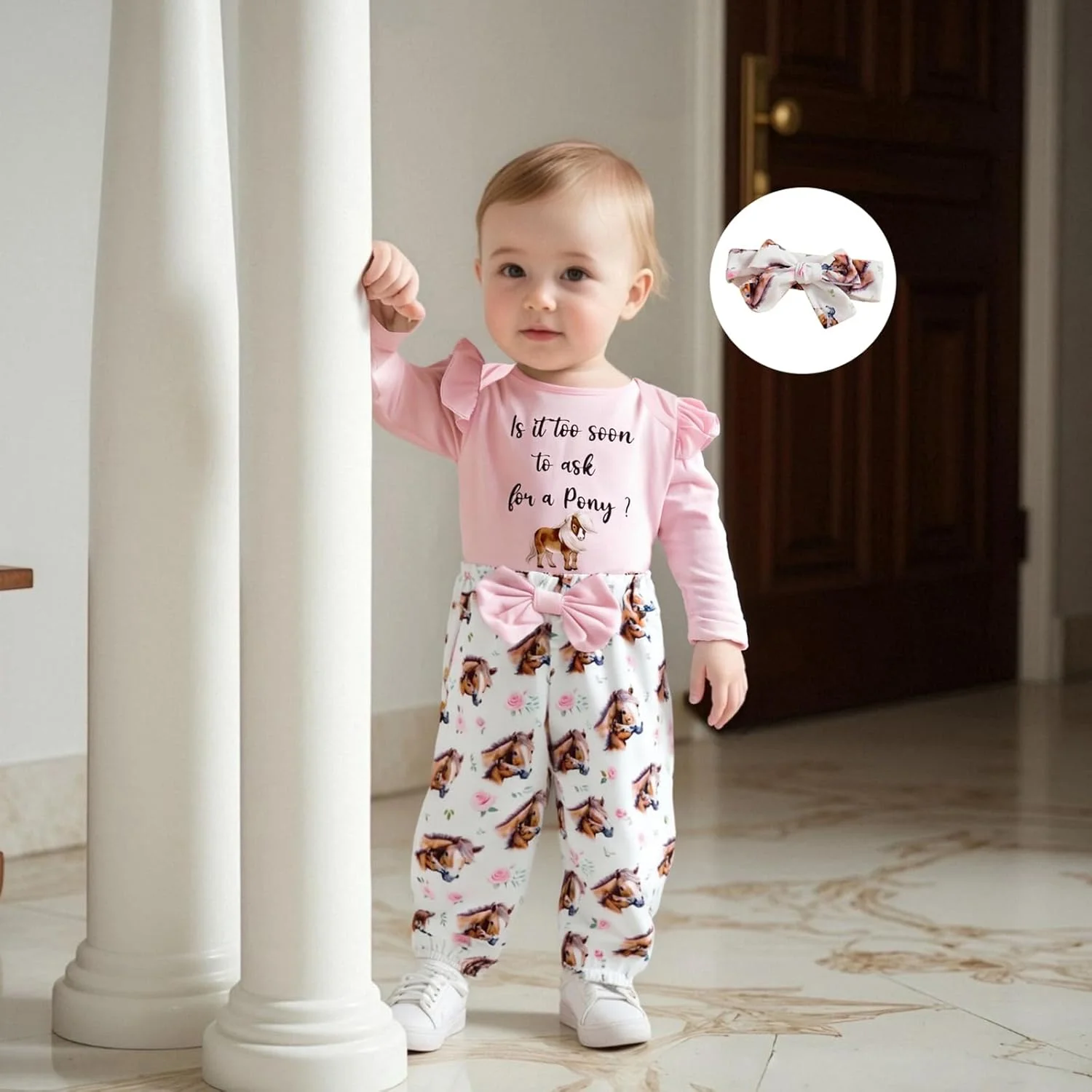 لباس نوزادی دخترانه، رامپر، تاپ، شلوار پاپیونی، ست هدبند پاییزه و زمستانه