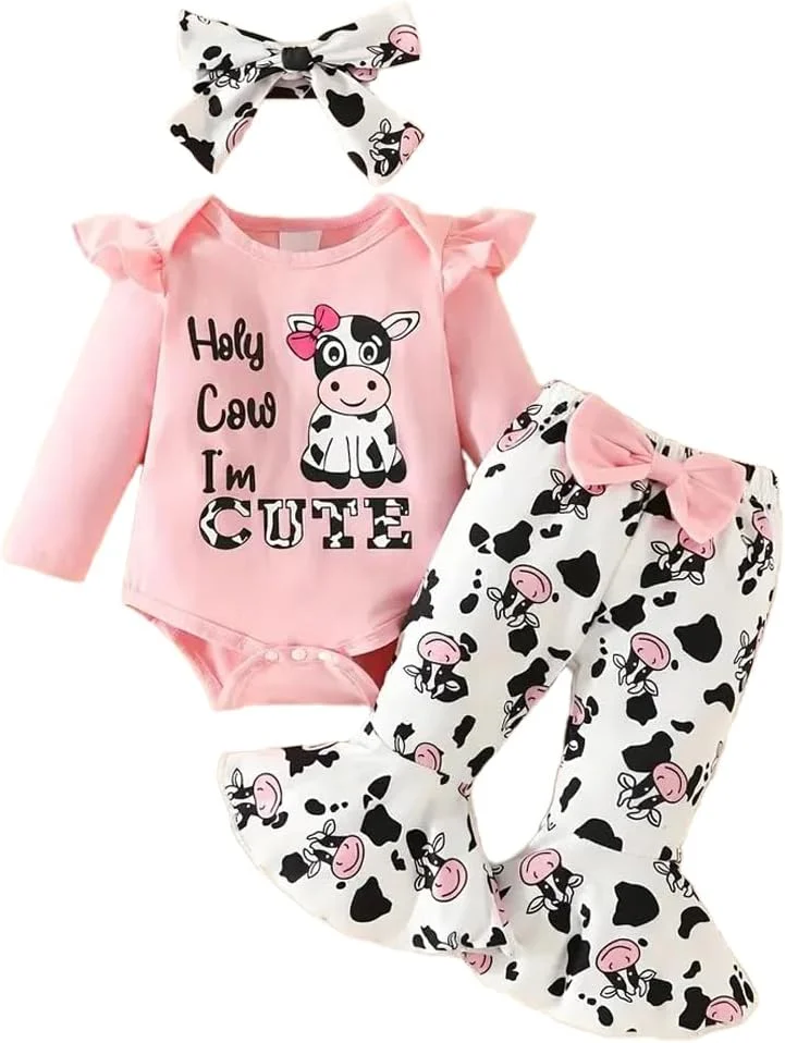 لباس نوزادی دخترانه طرح گاوی، ست شلوار و لباس آستین بلند