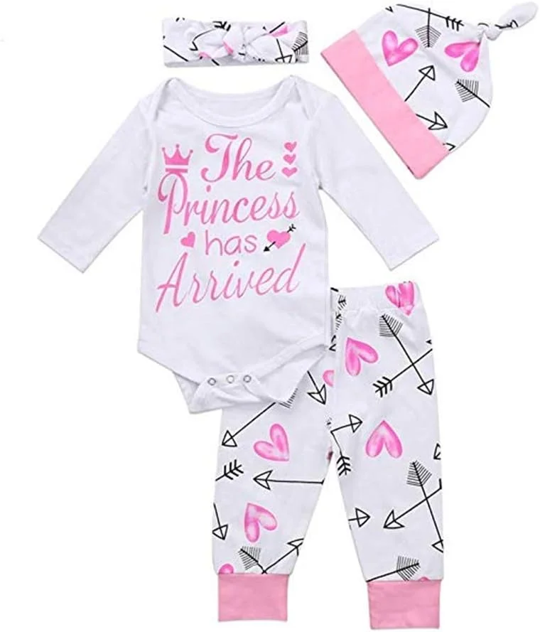 ست لباس نوزادی دخترانه، رامپر آستین بلند پنبه ای + شلوار بلند طرح دار پیکان و قلب + کلاه و هدبند