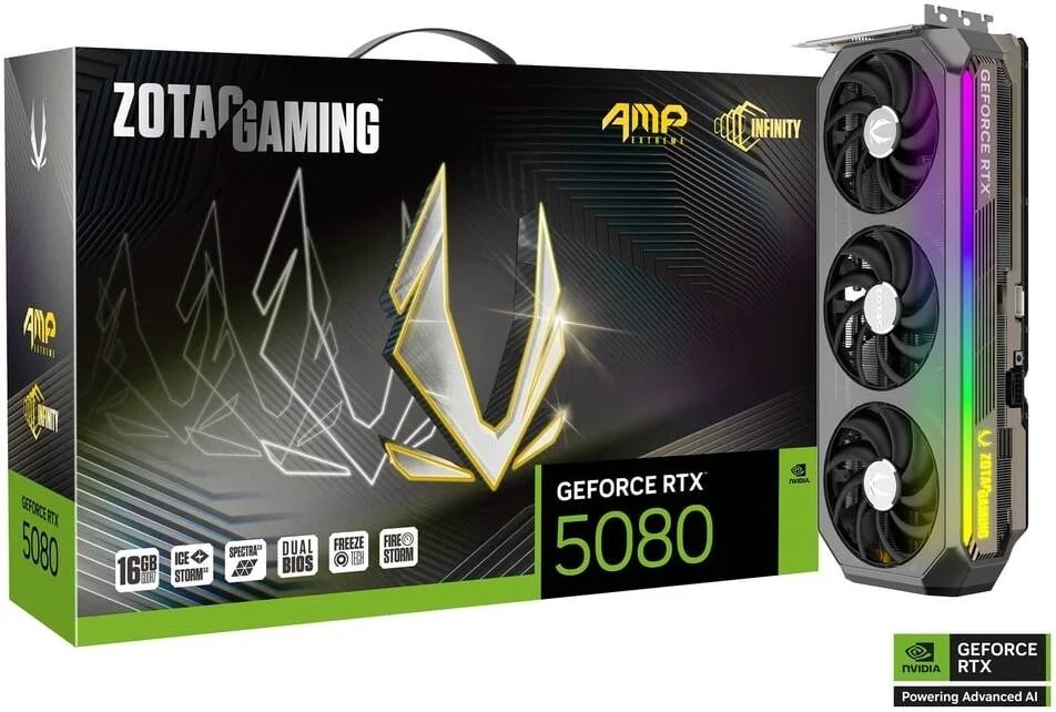 کارت گرافیک ZOTAC GAMING GeForce RTX 5080 AMP Extreme INFINITY، حافظه 16 گیگابایت GDDR7 256 بیتی، فرکانس هسته 2670 مگاهرتز، فرکانس حافظه 30 گیگابیت بر ثانیه، 10752 هسته CUDA، PCI Express 5.0 x16 | ZT-B50800B-10P