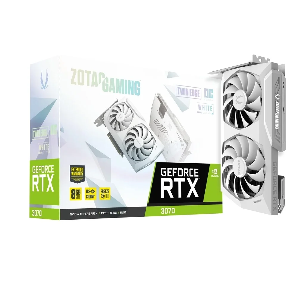 کارت گرافیک Zotac Nvidia GeForce RTX 3070 Gaming Twin Edge OC LHR White Edition Ampere با 8 گیگابایت حافظه GDDR6، 256 بیت، PCIe 4.0 (x16)، دارای 3 پورت DisplayPort 1.4a و 1 پورت HDMI 2.1 | ZT-A30700J-10PLHR