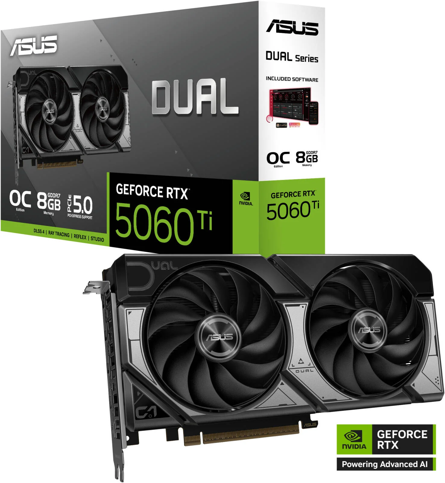 کارت گرافیک ایسوس Dual GeForce RTX 5060 Ti OC Edition، حافظه 8 گیگابایت GDDR7 128 بیتی، فرکانس بوست 2602 مگاهرتز، سرعت حافظه 28 گیگابیت بر ثانیه، 4608 هسته CUDA، PCI Express 5.0 | 90YV0MP2-M0NA00