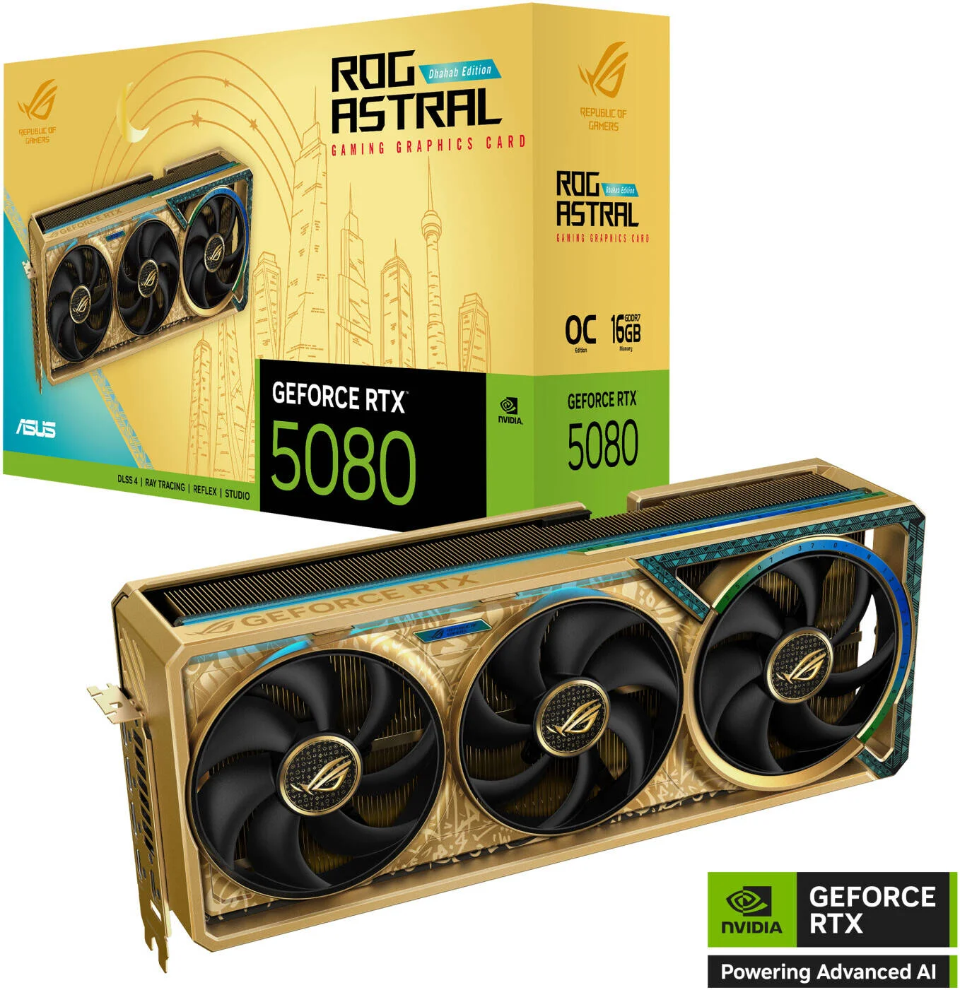 کارت گرافیک ایسوس ROG Astral GeForce RTX 5080 Dhahab CORE OC با 16 گیگابایت حافظه، GDDR7 256 بیتی، فرکانس بوست 2760 مگاهرتز، 10752 هسته CUDA، سرعت حافظه 30 گیگابیت بر ثانیه، طلایی | 90YV0LV6-M0NM00