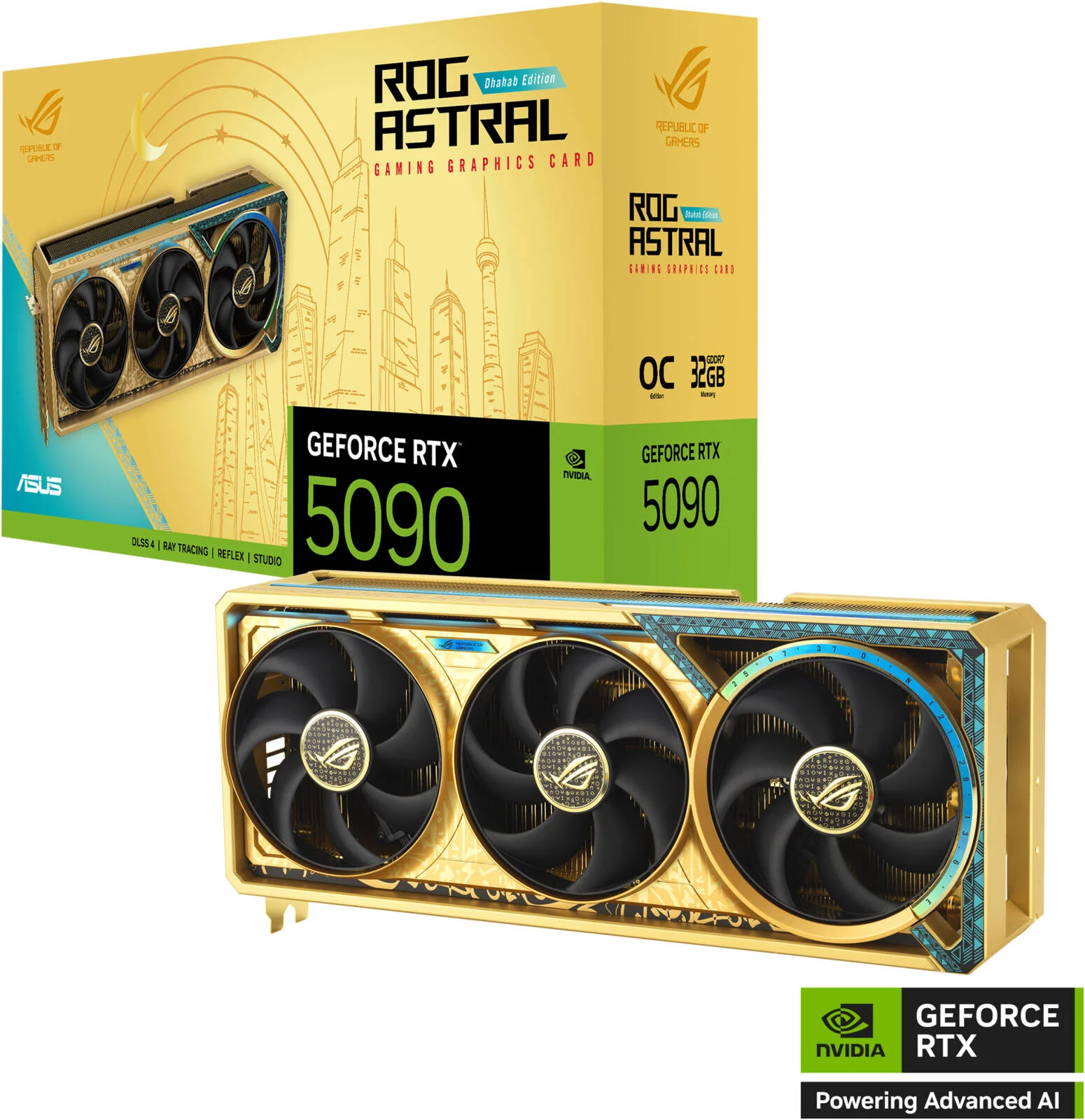 کارت گرافیک ایسوس ROG Astral GeForce RTX 5090 Dhahab OC Edition، حافظه 32 گیگابایت GDDR7 512 بیتی، کلاک تقویتی 2580 مگاهرتز، 21760 هسته CUDA، سرعت حافظه 28 گیگابیت بر ثانیه، طلایی | 90YV0LW6-M0NM00