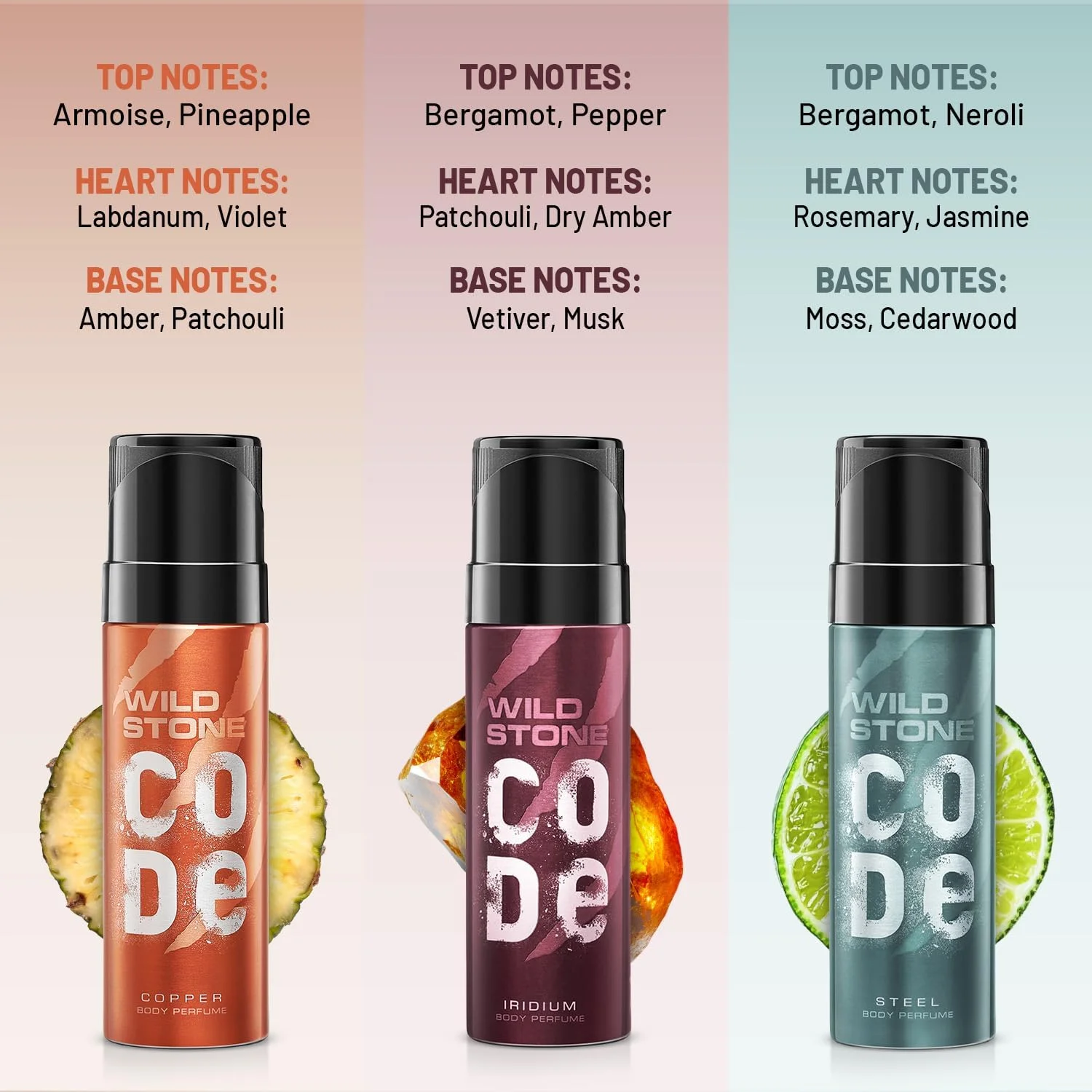 مجموعه سه عددی عطر بدن مردانه بدون گاز وایلد استون کد (هر کدام 120 میلی لیتر) مدل های کاپر، ایریدیوم و استیل
