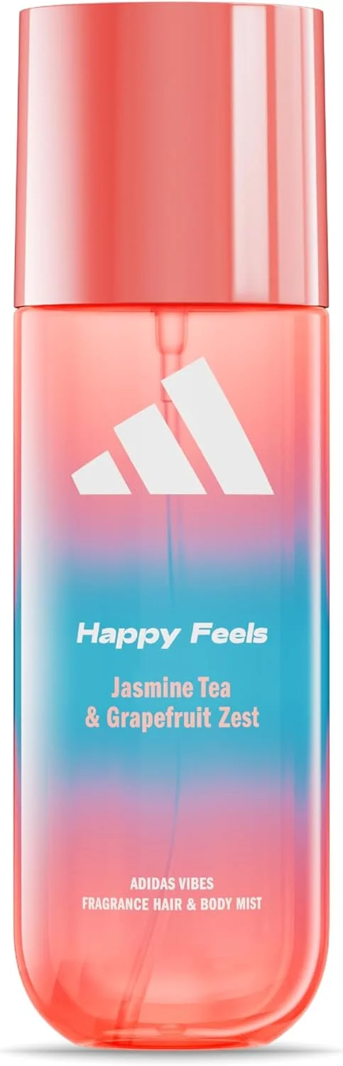 اسپری مو و بدن زنانه آدیداس Vibes Happy Feels، تقویت کننده خلق و خو، رایحه چای یاس و پوست گریپ فروت، مناسب برای هر مناسبت، 236 میلی لیتر