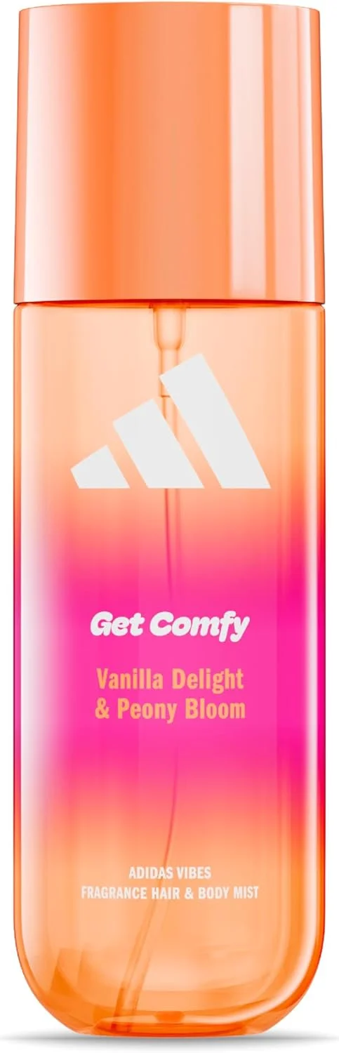 اسپری مو و بدن زنانه آدیداس Vibes Get Comfy Fragrance، تقویت کننده خلق و خو، رایحه وانیل و گل صد تومانی، مناسب برای هر مناسبت، 236 میلی لیتر