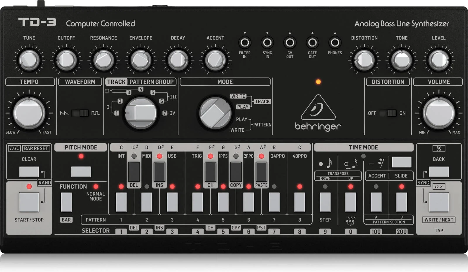 سینتی سایزر خط باس آنالوگ Behringer TD-3-BK با VCO، VCF، سکوئنسر 16 مرحله ای، افکت های دیستورشن و پلی چین 16 صدایی، مشکی | TD3BK