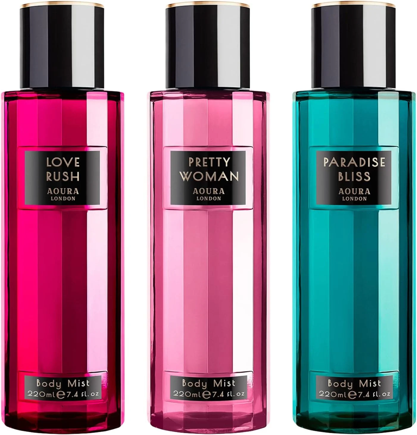آئورا لندن اسپری خوشبو کننده بدن زنانه مدل Pretty Woman, Paradise Bliss, Love Rush حجم 220 میلی لیتر (بسته 3 عددی)