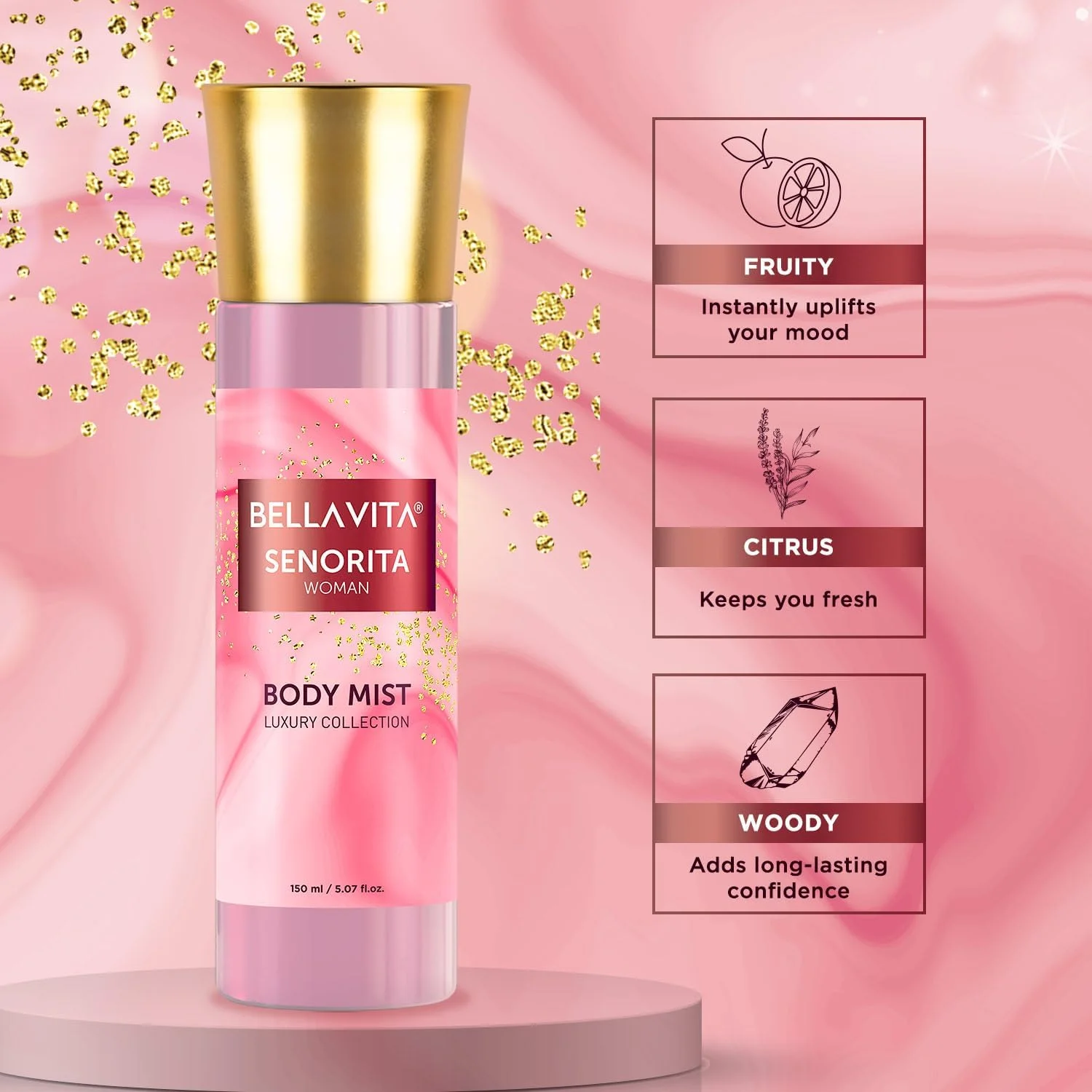 اسپری بدن زنانه بلا ویتا لاکچری سنوریتا، عطر با طراوت گل و انار با رایحه ماندگار نعناع، 150 میلی لیتر اسپری بدن زنانه بلا ویتا لاکچری سنوریتا، عطر با طراوت گل و انار با رایحه ماندگار نعناع، 150 میلی لیتر