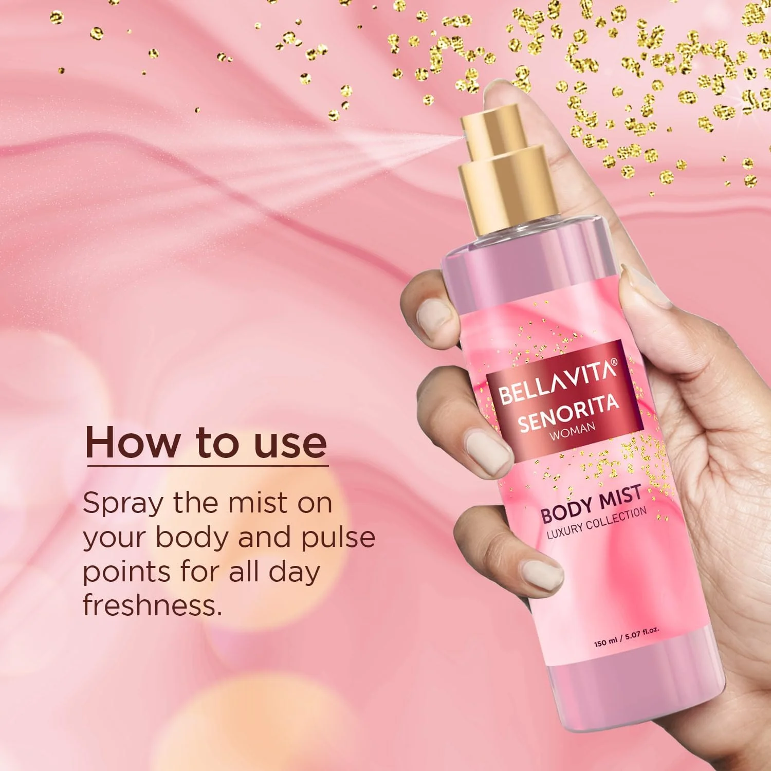 اسپری بدن زنانه بلا ویتا لاکچری سنوریتا، عطر با طراوت گل و انار با رایحه ماندگار نعناع، 150 میلی لیتر اسپری بدن زنانه بلا ویتا لاکچری سنوریتا، عطر با طراوت گل و انار با رایحه ماندگار نعناع، 150 میلی لیتر