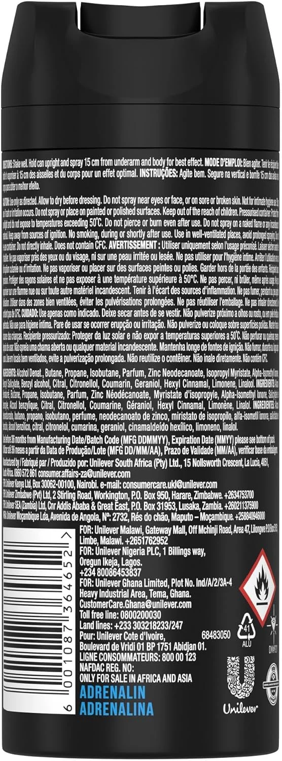 اسپری بدن مردانه آدرنالین AXE، با ماندگاری 48 ساعته، 150 میلی لیتر