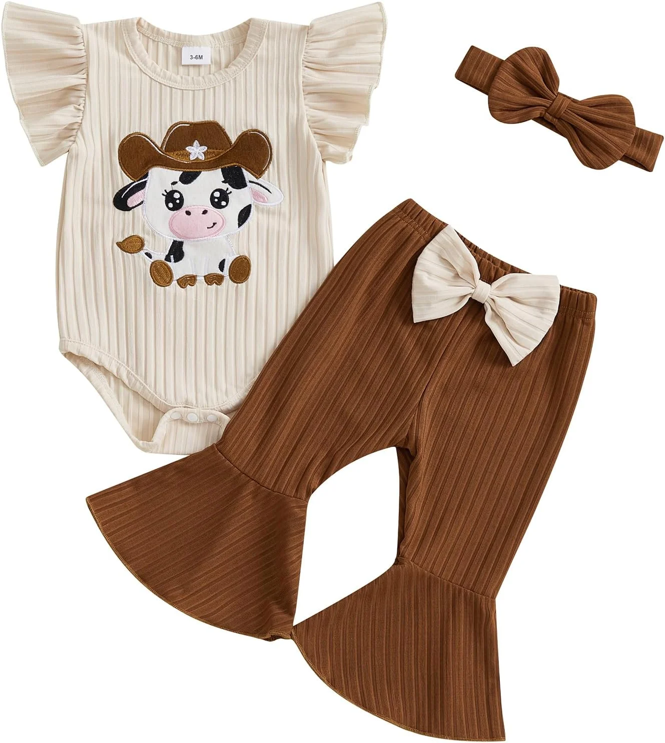 لباس تابستانی دخترانه، رامپر آستین کوتاه طرح گاوی، شلوار و هدبند