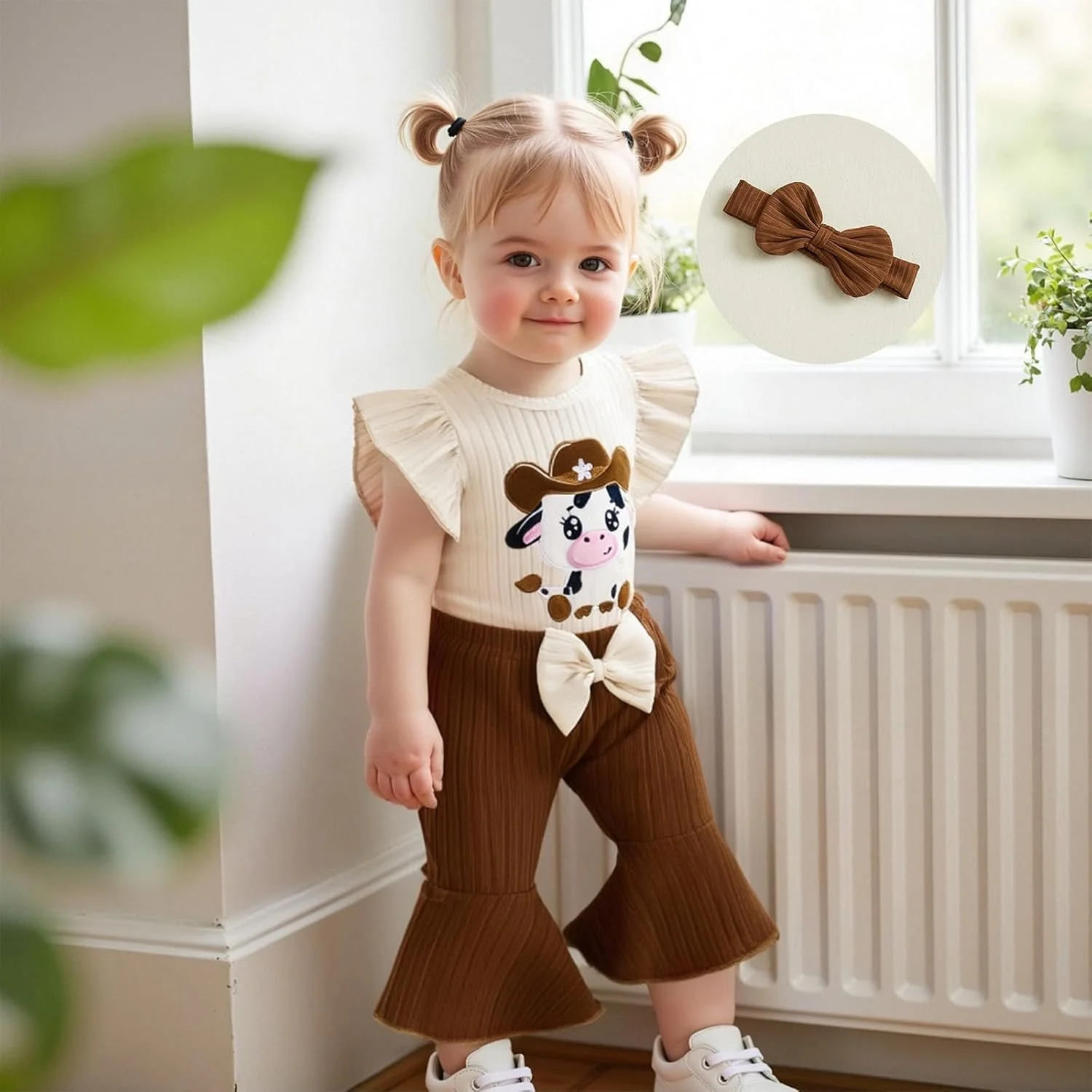 لباس تابستانی دخترانه، رامپر آستین کوتاه طرح گاوی، شلوار و هدبند