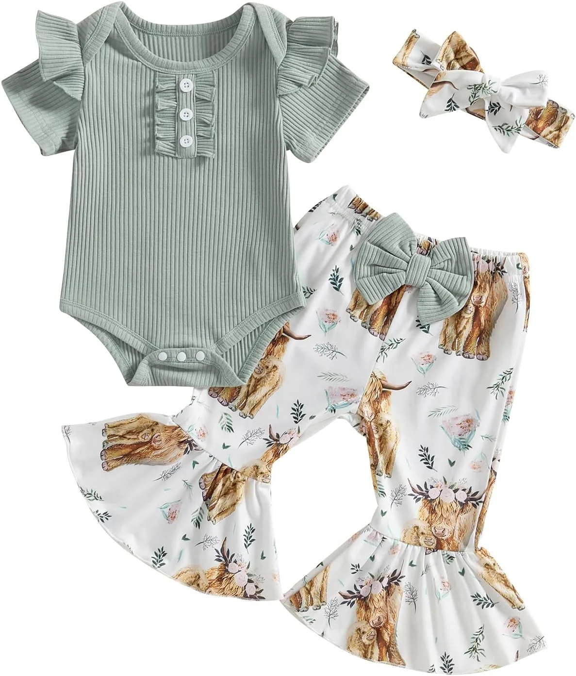 ست لباس نوزاد دخترانه ZAXARRA شامل رامپر آستین پفی یقه گرد، شلوار گلدار دمپا گشاد و هدبند، ست لباس غیررسمی و زیبا