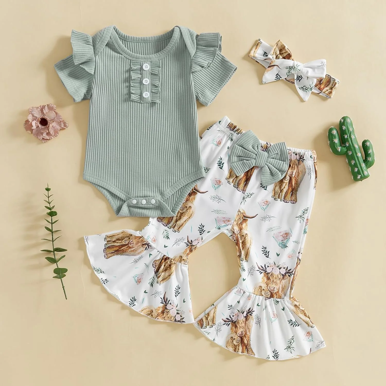 ست لباس نوزاد دخترانه ZAXARRA شامل رامپر آستین پفی یقه گرد، شلوار گلدار دمپا گشاد و هدبند، ست لباس غیررسمی و زیبا