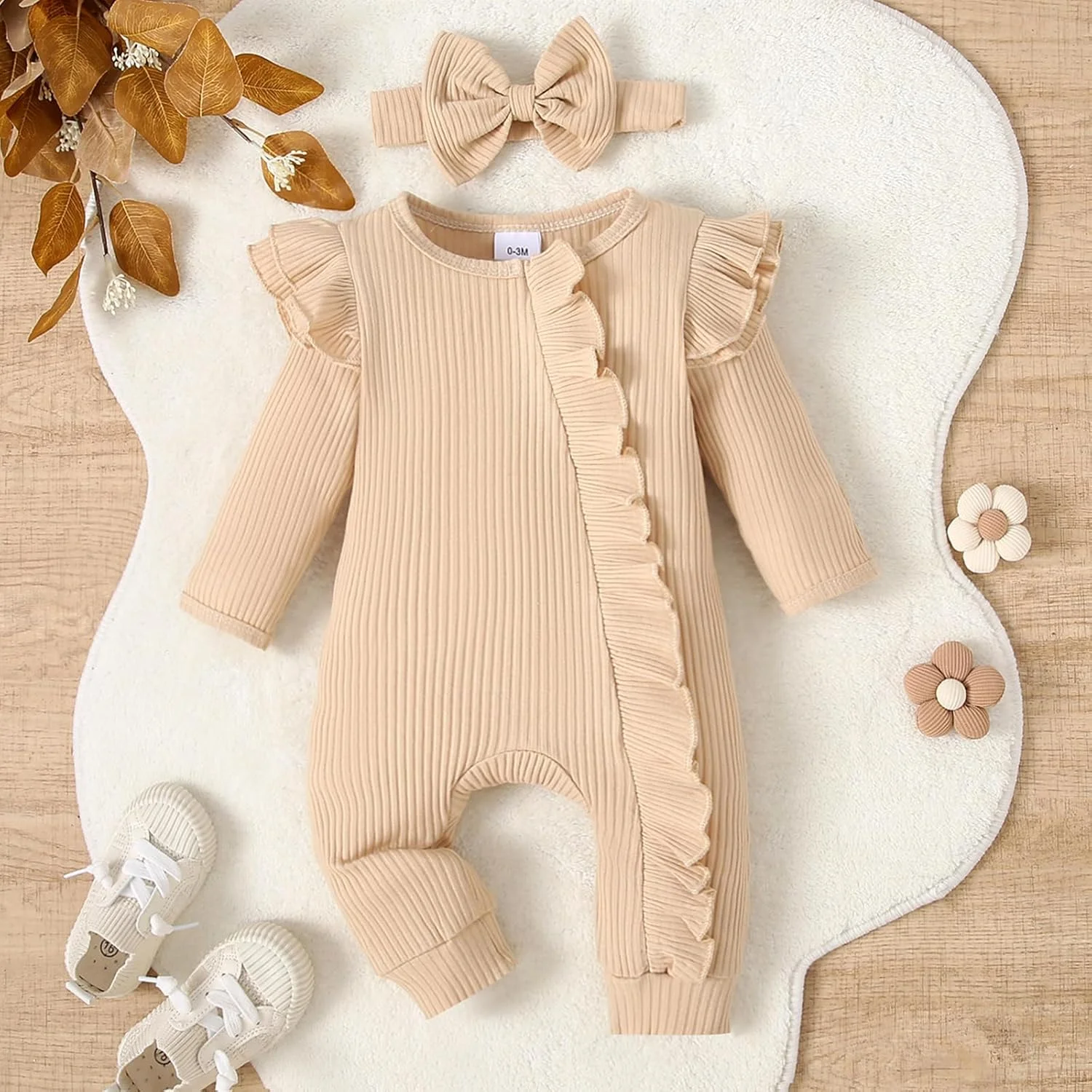 رامپر نوزادی دخترانه، سرهمی زیپ دار و چین دار، لباس یک تکه، لباس نوزاد دختر، لباس برای بدو تولد