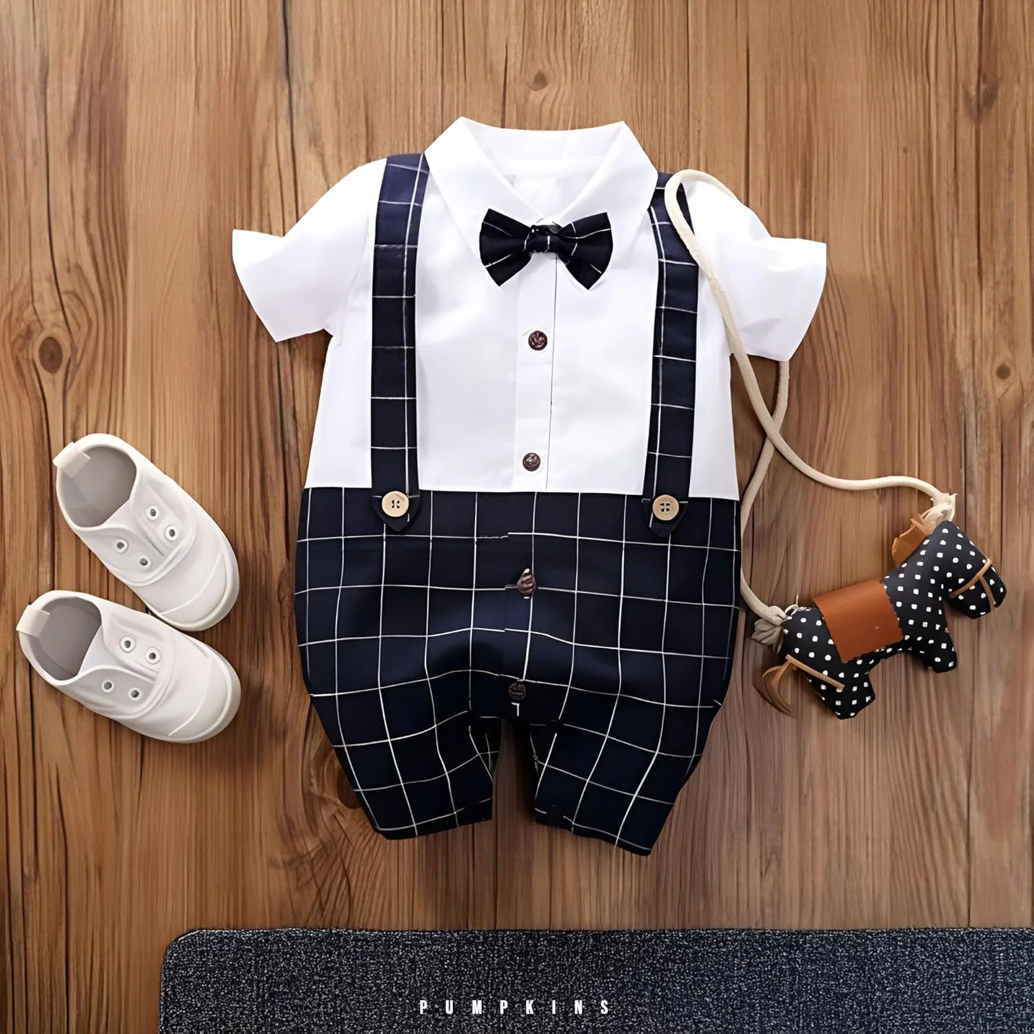 جامپسوت رسمی نوزادی پسرانه مای پامپکینز - لباس رسمی آستین کوتاه نوزادی با پاپیون، طرح پیراهن و شلوار برای لباس نوزاد (0-6 ماه)