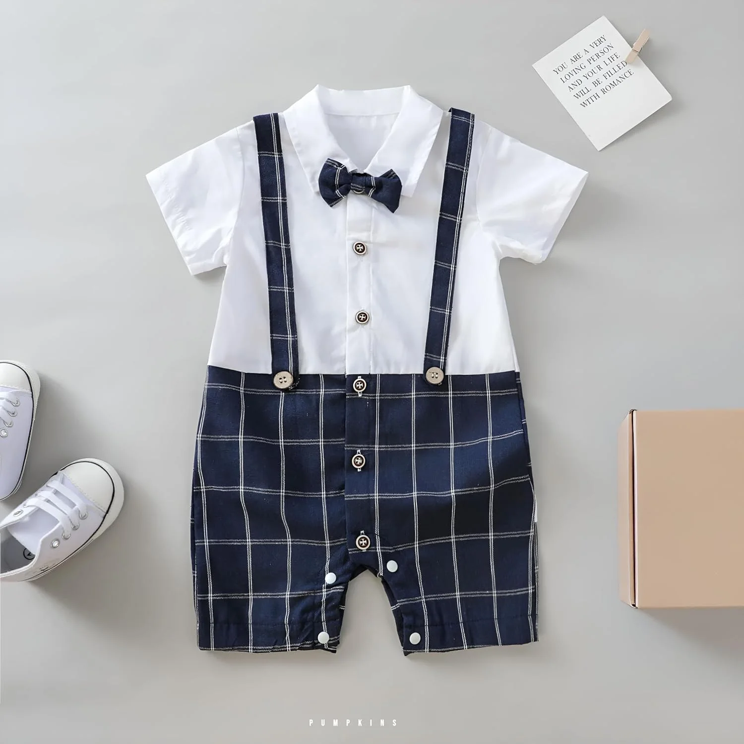 جامپسوت رسمی نوزادی پسرانه مای پامپکینز - لباس رسمی آستین کوتاه نوزادی با پاپیون، طرح پیراهن و شلوار برای لباس نوزاد (0-6 ماه)