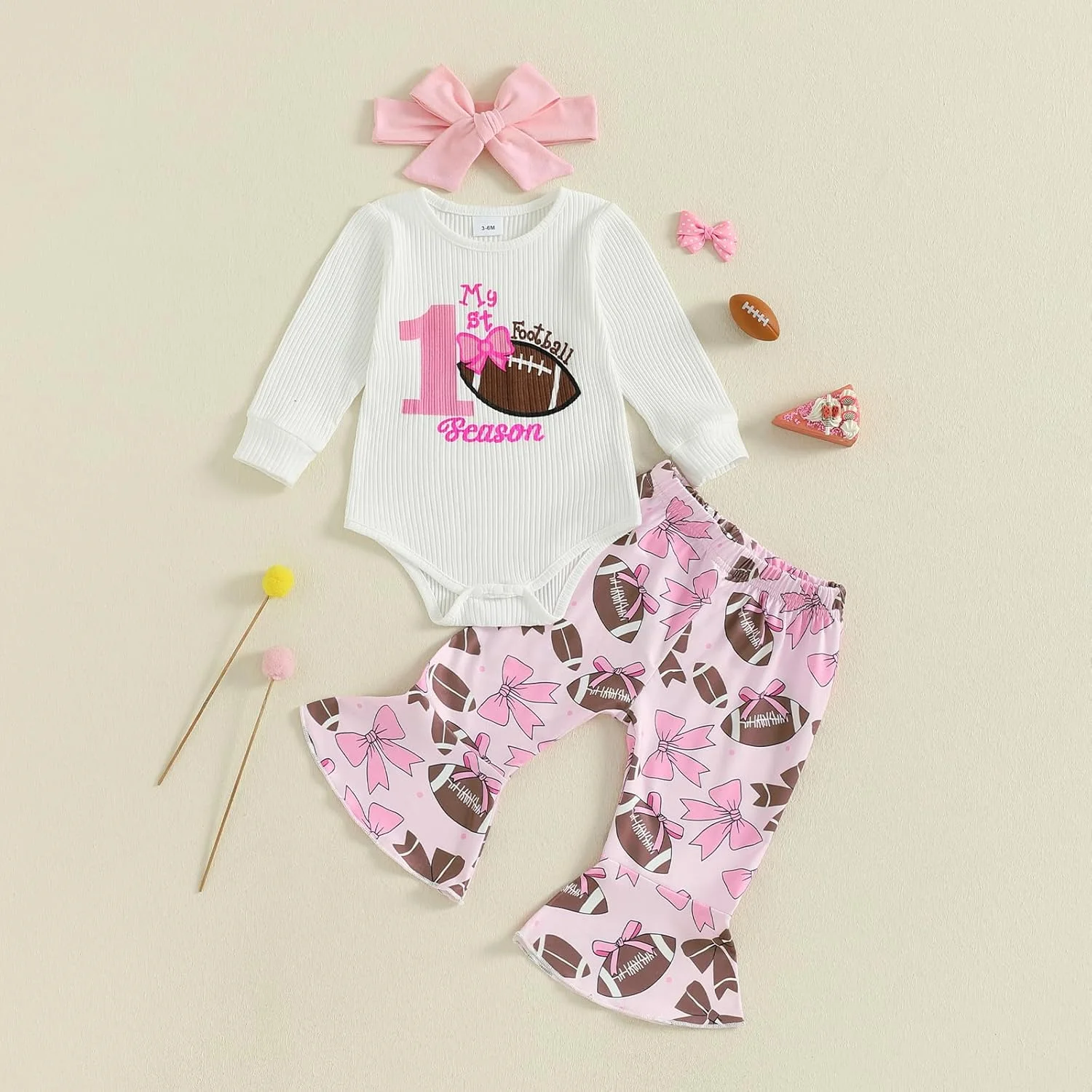 ست لباس نوزادی دخترانه، شامل سرهمی آستین بلند، شلوار دمپا گشاد طرح توپ و هدبند، 3 تکه لباس پاییزی زیبا