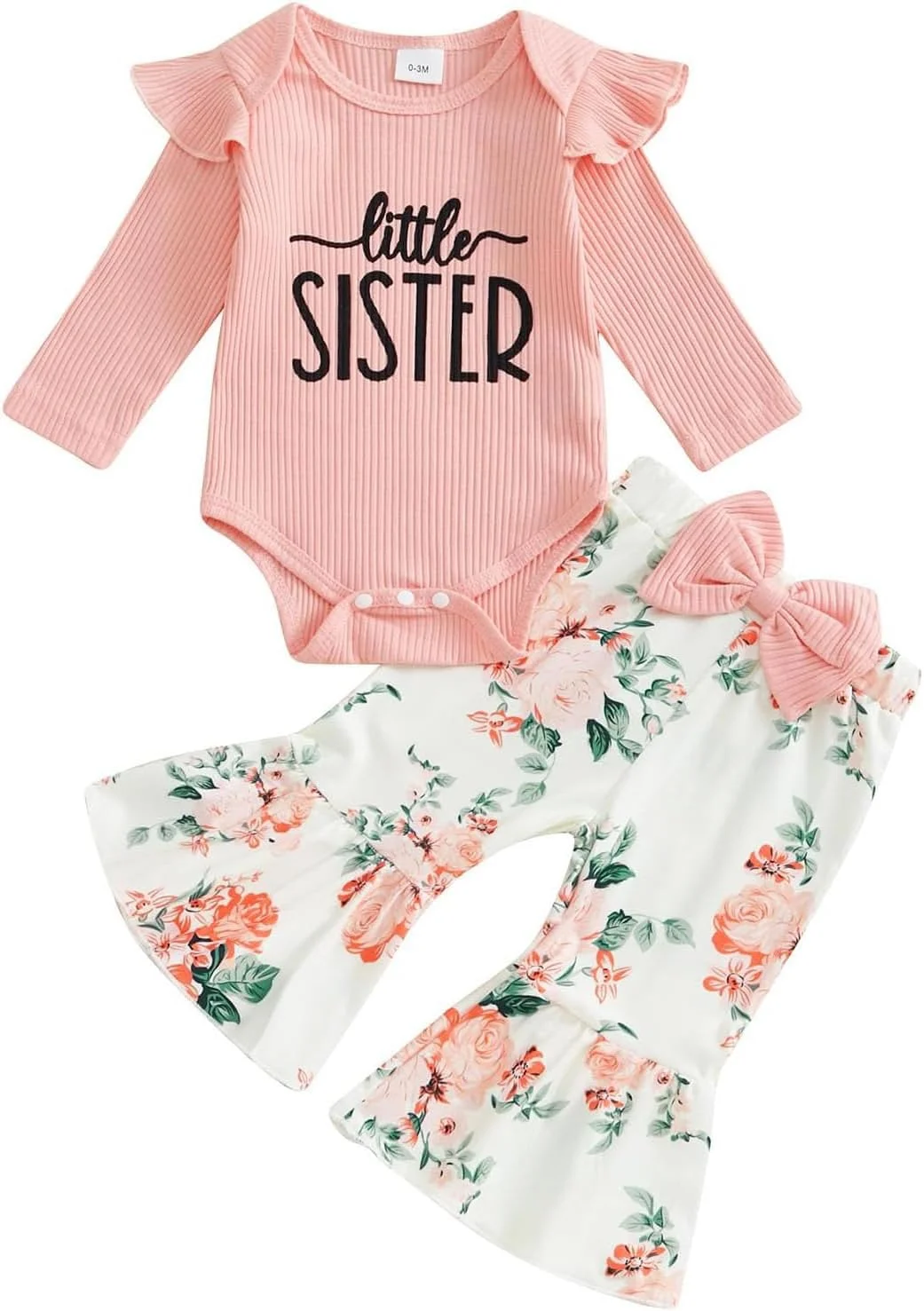 لباس نوزادی دخترانه، رامپر، تاپ، شلوار طرح گل و تل مو، ست 3 تکه