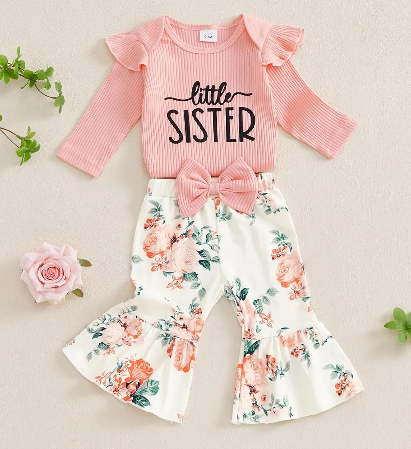 لباس نوزادی دخترانه، رامپر، تاپ، شلوار طرح گل و تل مو، ست 3 تکه